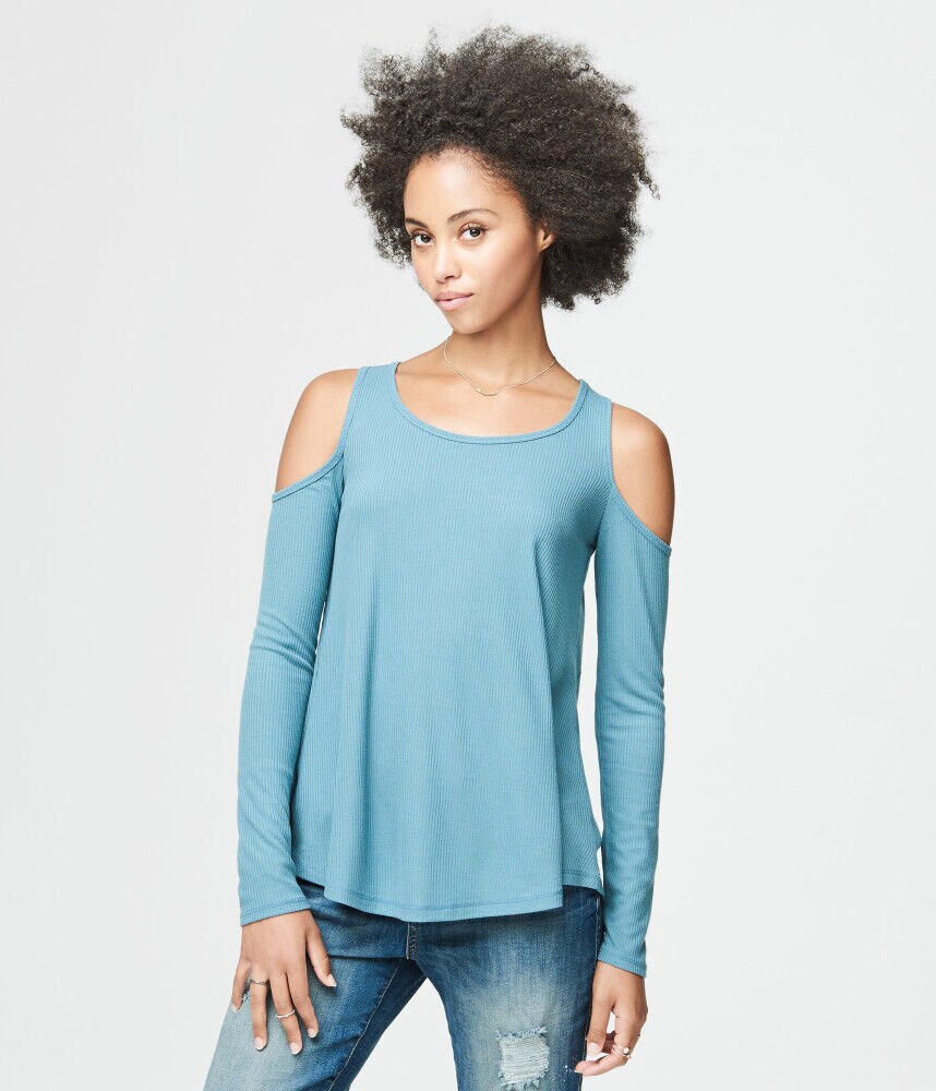 Long Sleeve Ribbed Cold-Shoulder Top