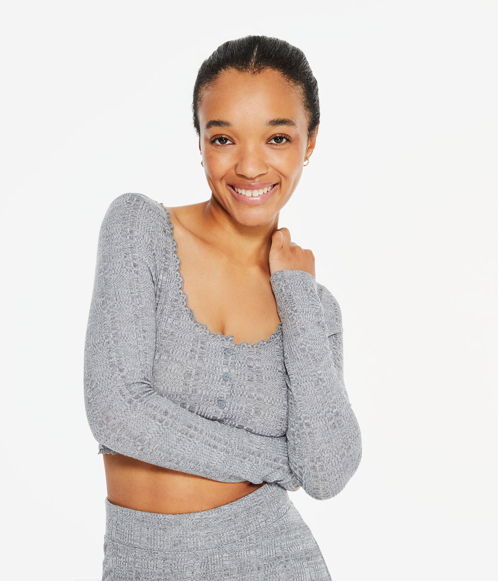 Long Sleeve Ribbed Lace-Trim Cropped Sleep Top