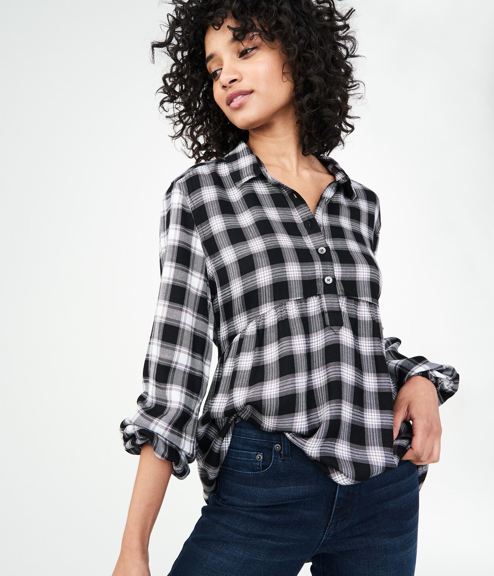 Long Sleeve Plaid Babydoll Woven Top