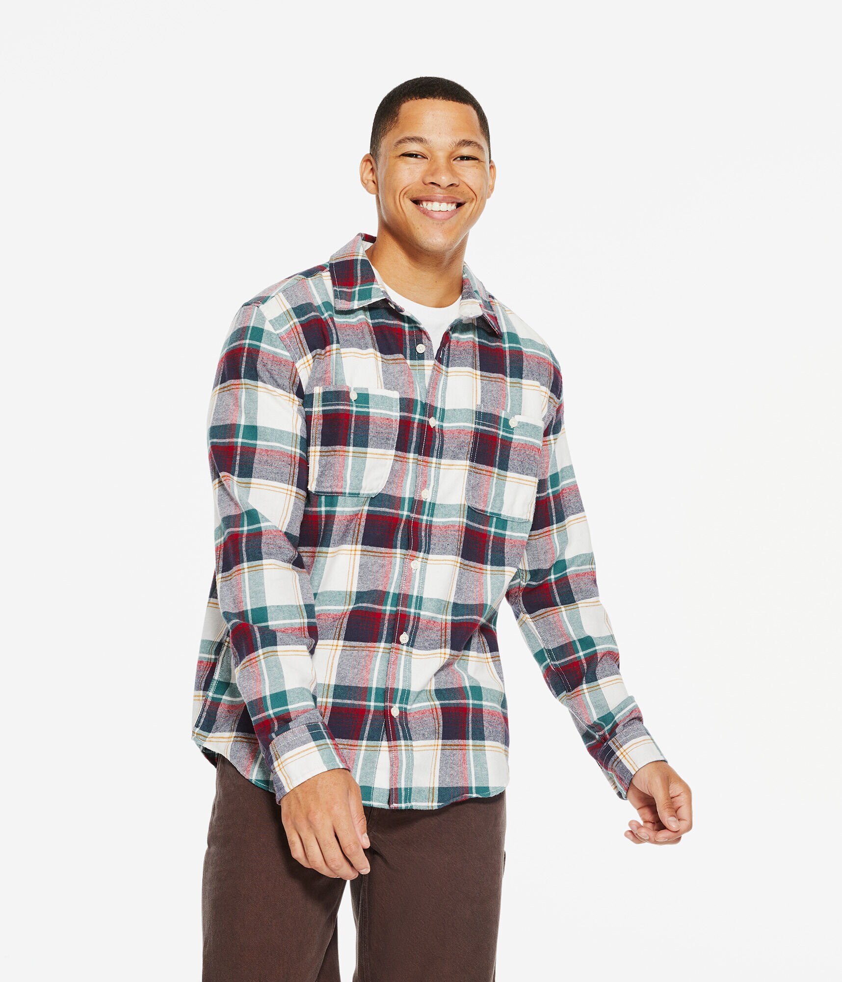 Long Sleeve Relaxed Washed Plaid Flannel Button-Down Shirt