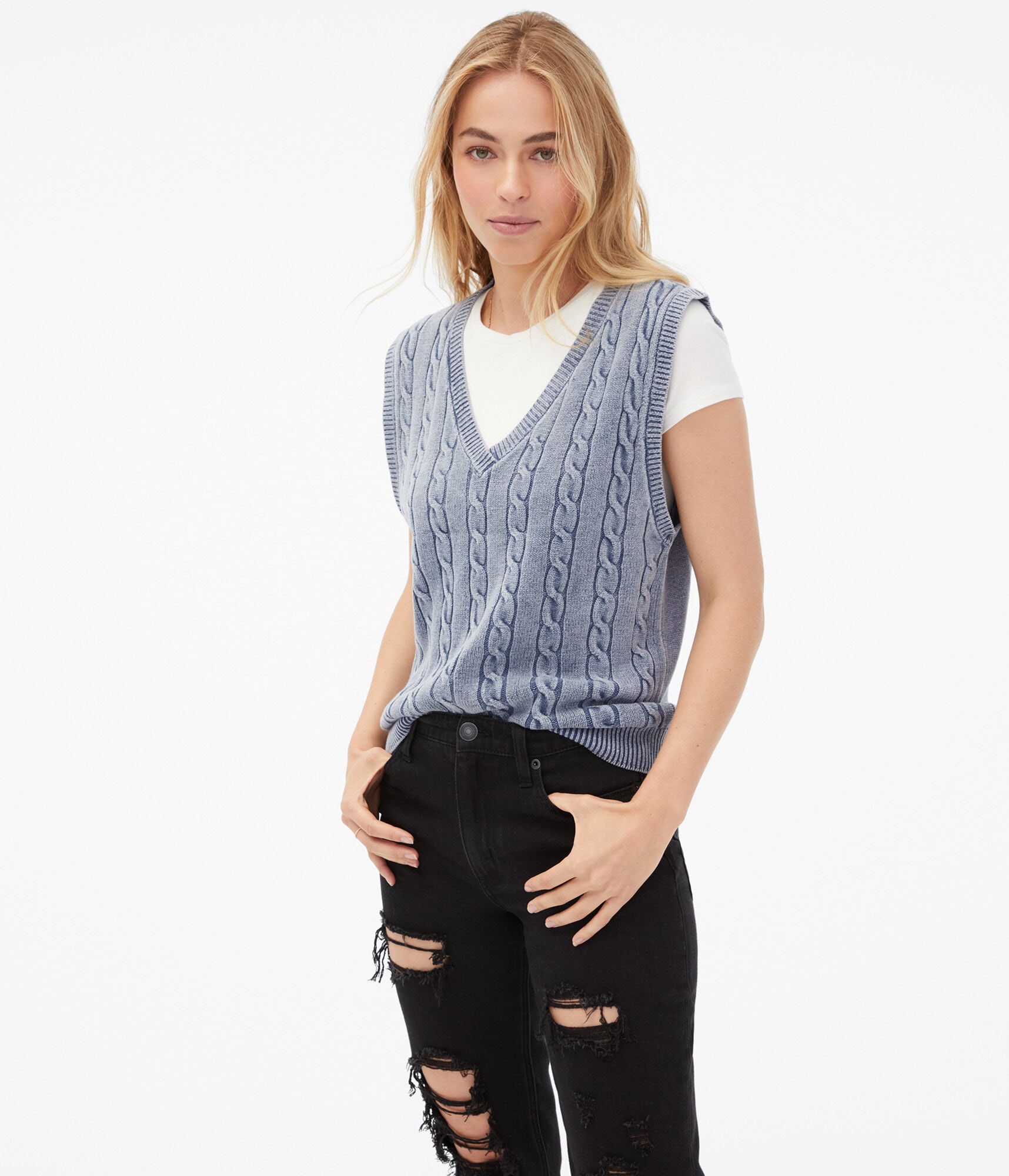 Solid Oversized Cable-Knit Sweater Vest