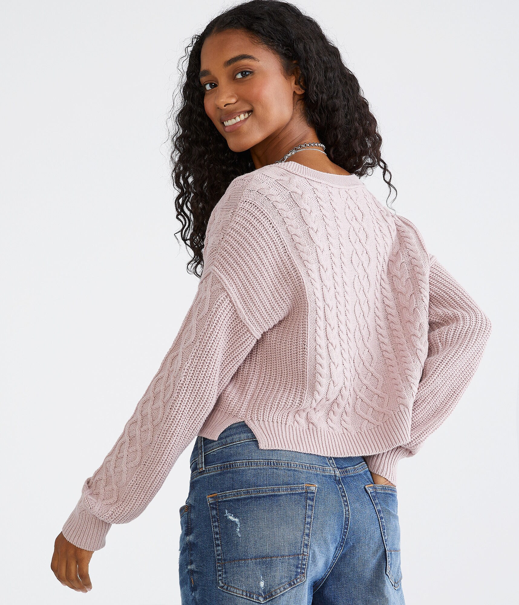 Slouchy Cable-Knit Cropped V-Neck Sweater