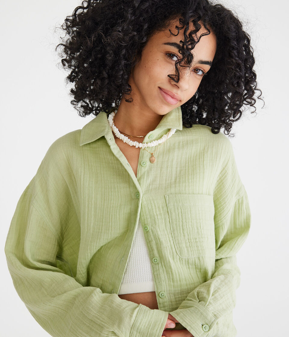 Long Sleeve Gauzy Oversized Cropped Shirt