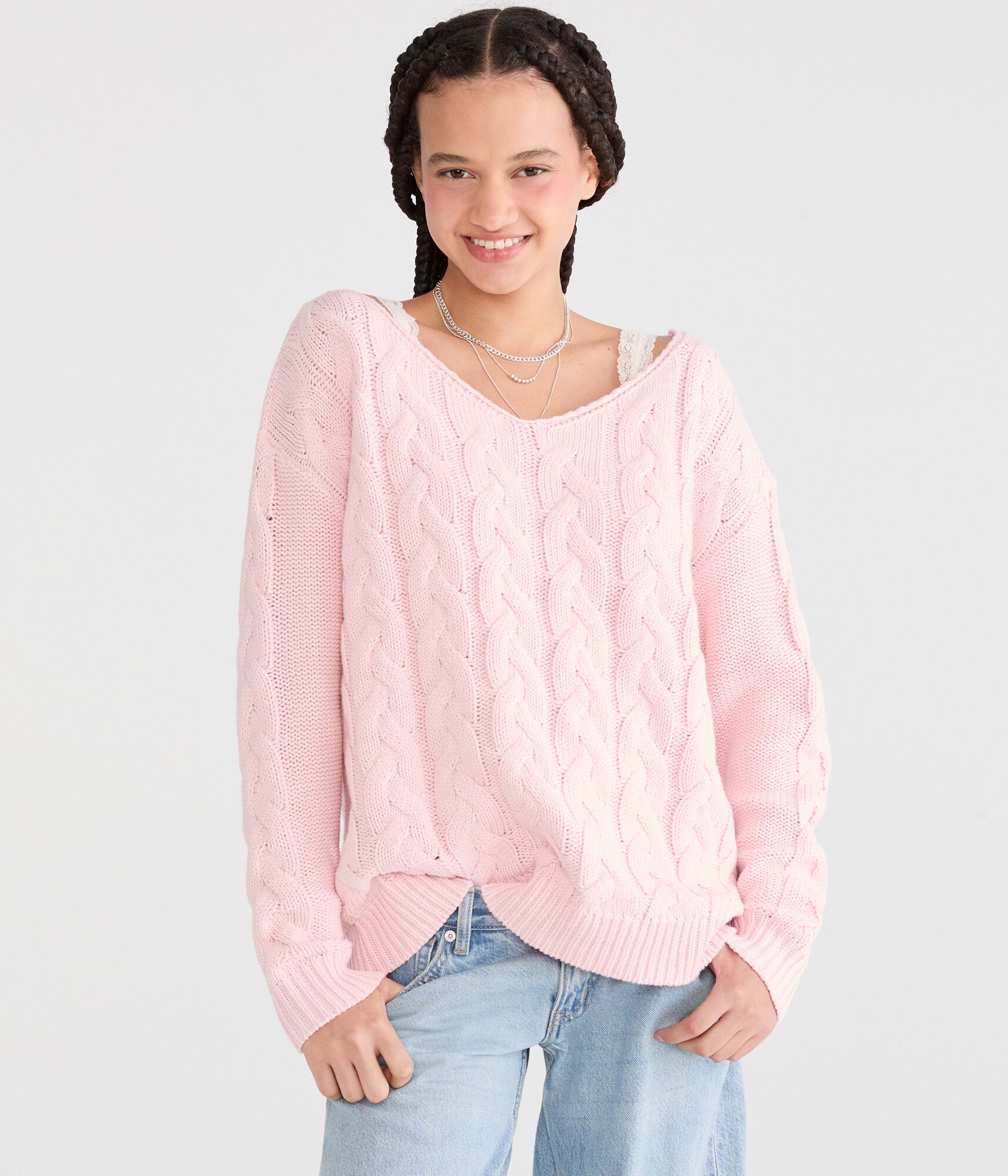 Slouchy Cable Knit V-Neck Sweater