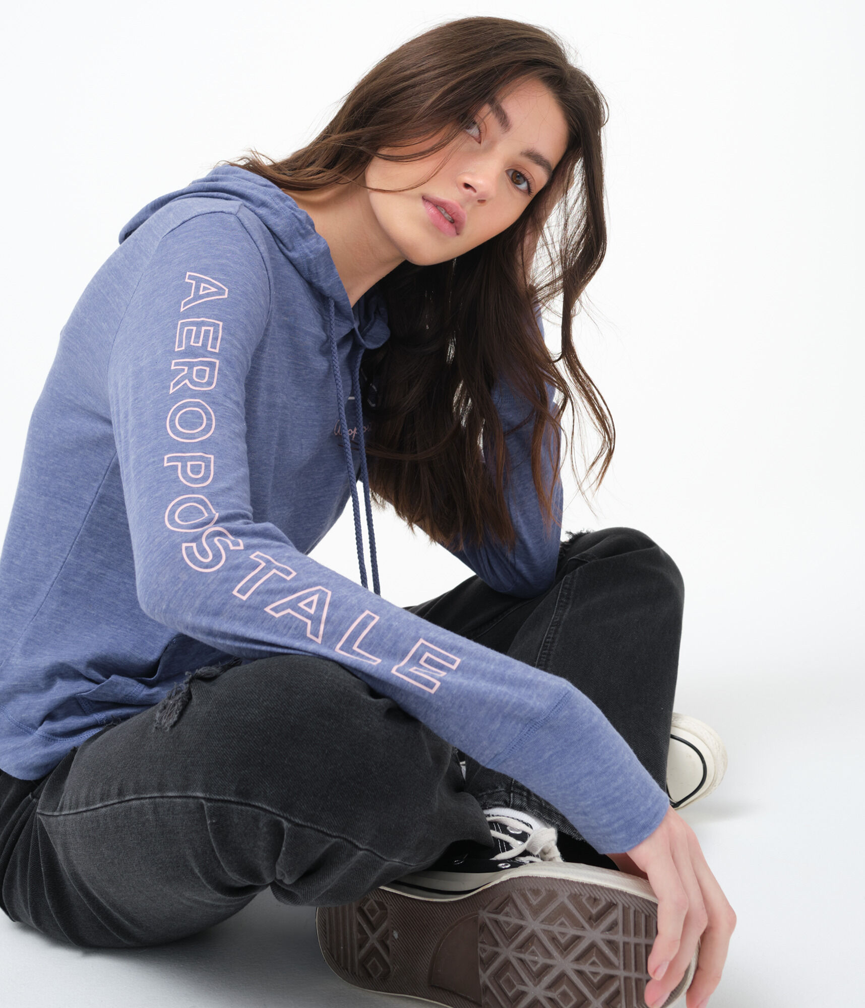 Long Sleeve Aeropostale Letter Logo Hooded Graphic Tee