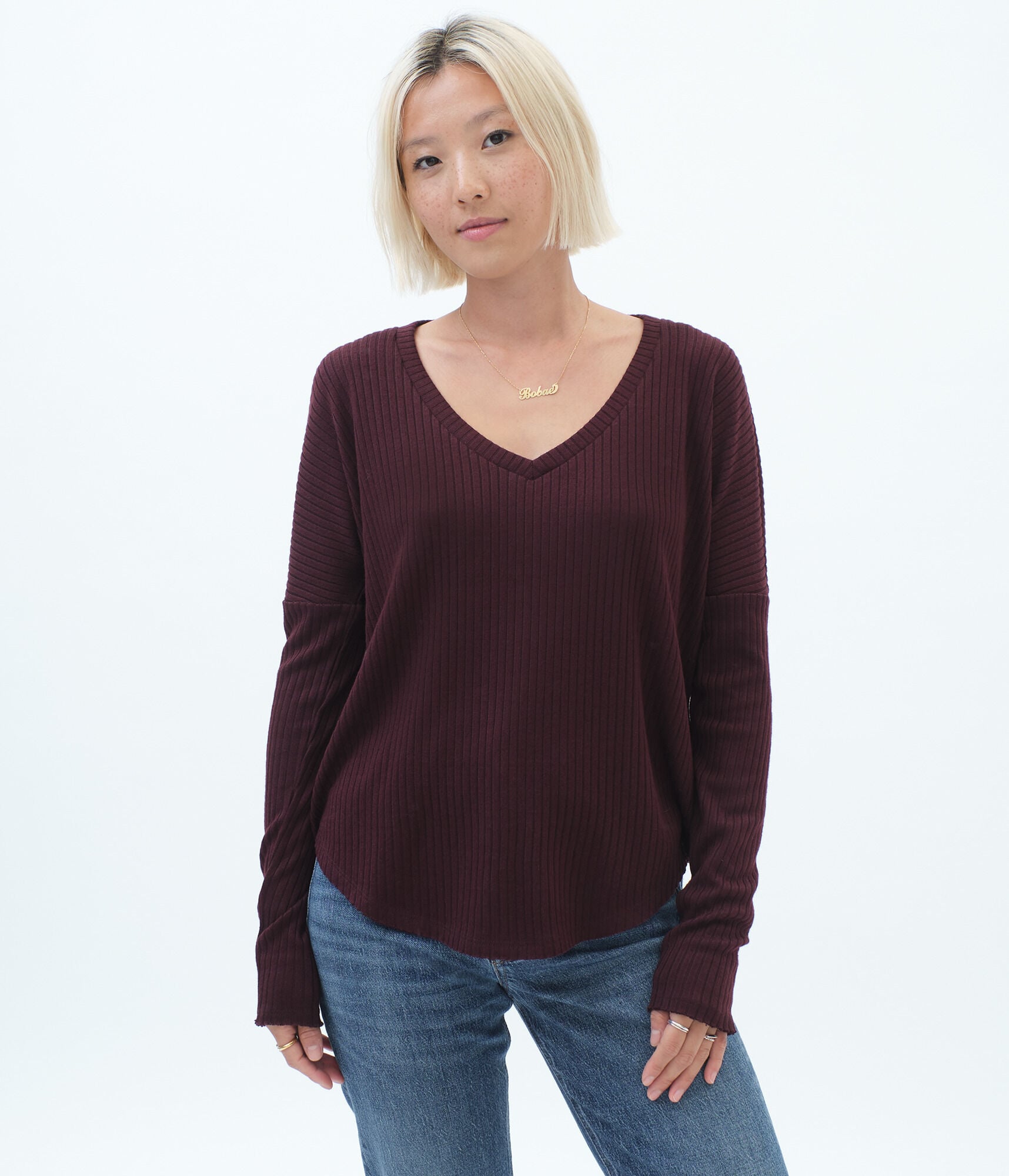 Long Sleeve Ribbed V-Neck Top