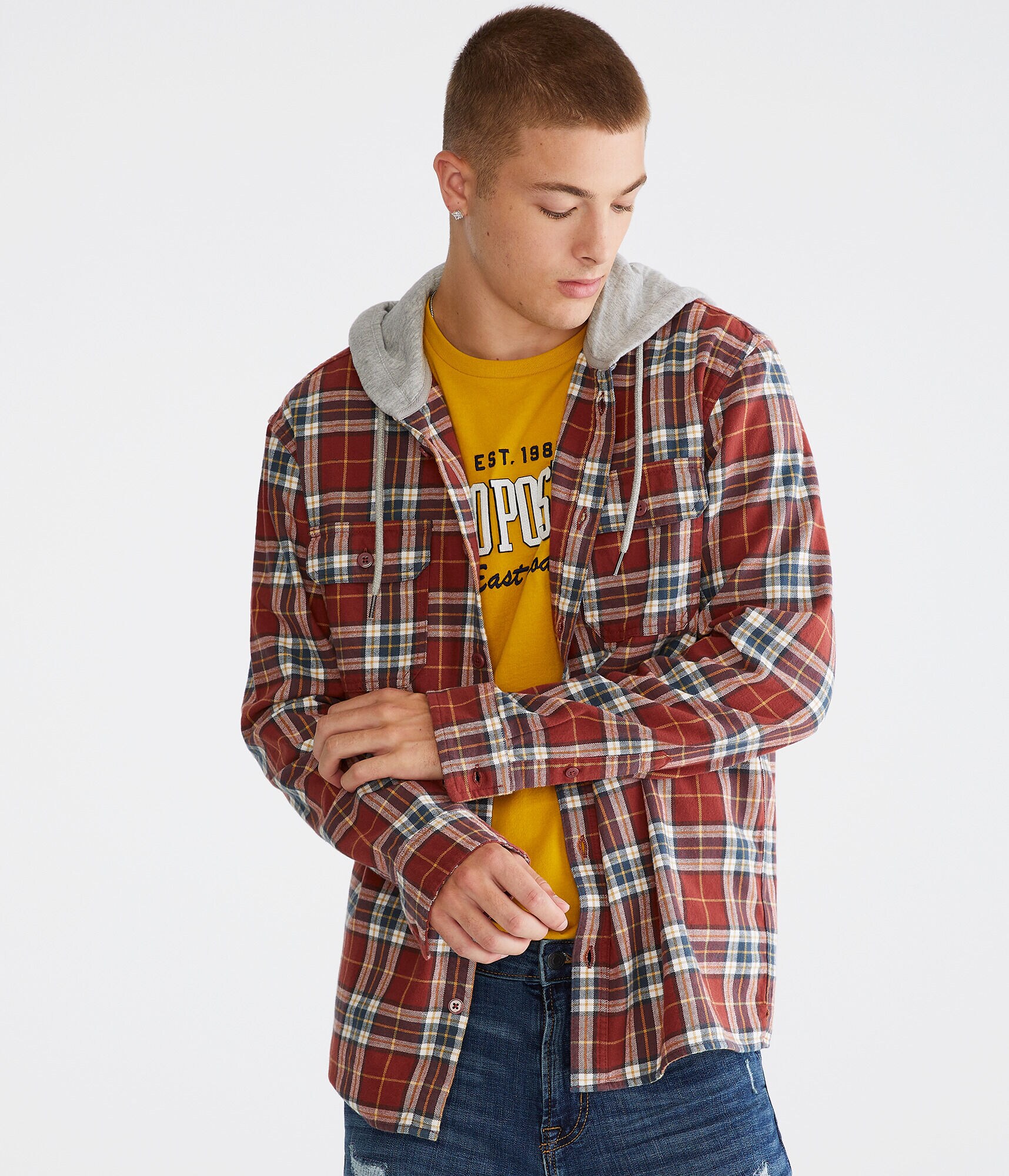 Long Sleeve Plaid Hooded Flannel Shirt