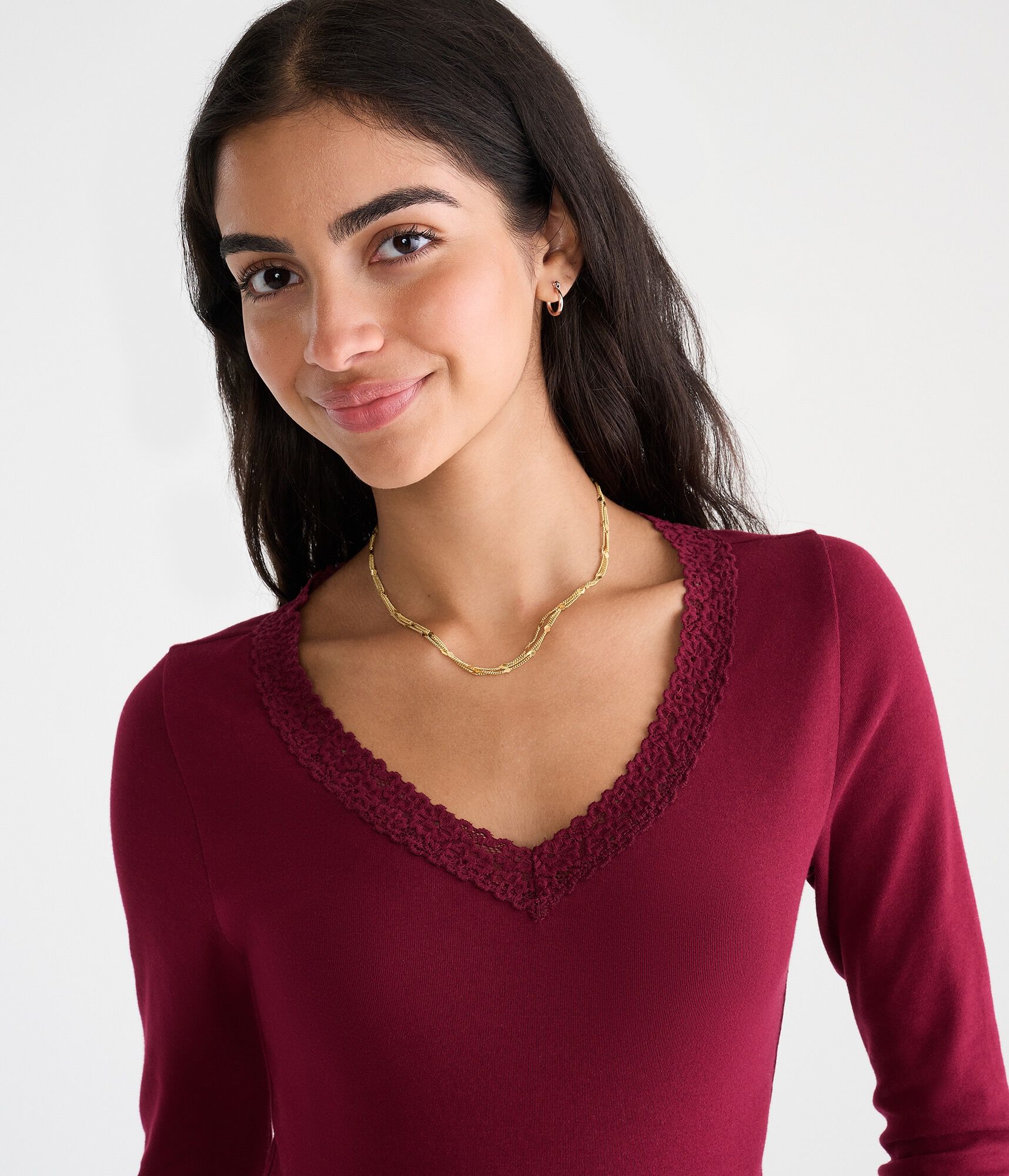 Long Sleeve Seriously Soft Lace-Trim V-Neck Tee