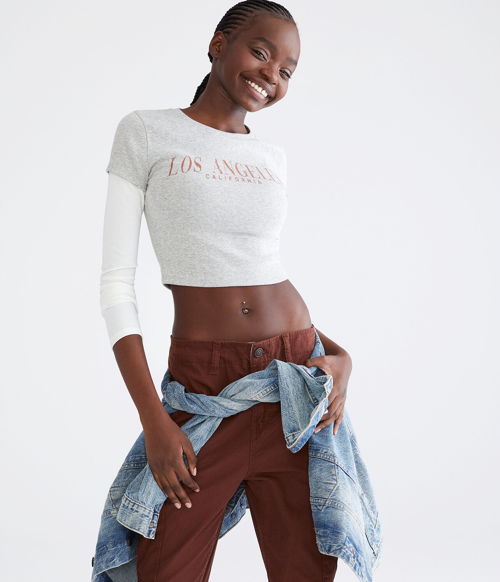 Long Sleeve Seriously Soft Los Angeles Cropped Graphic 2Fer Tee