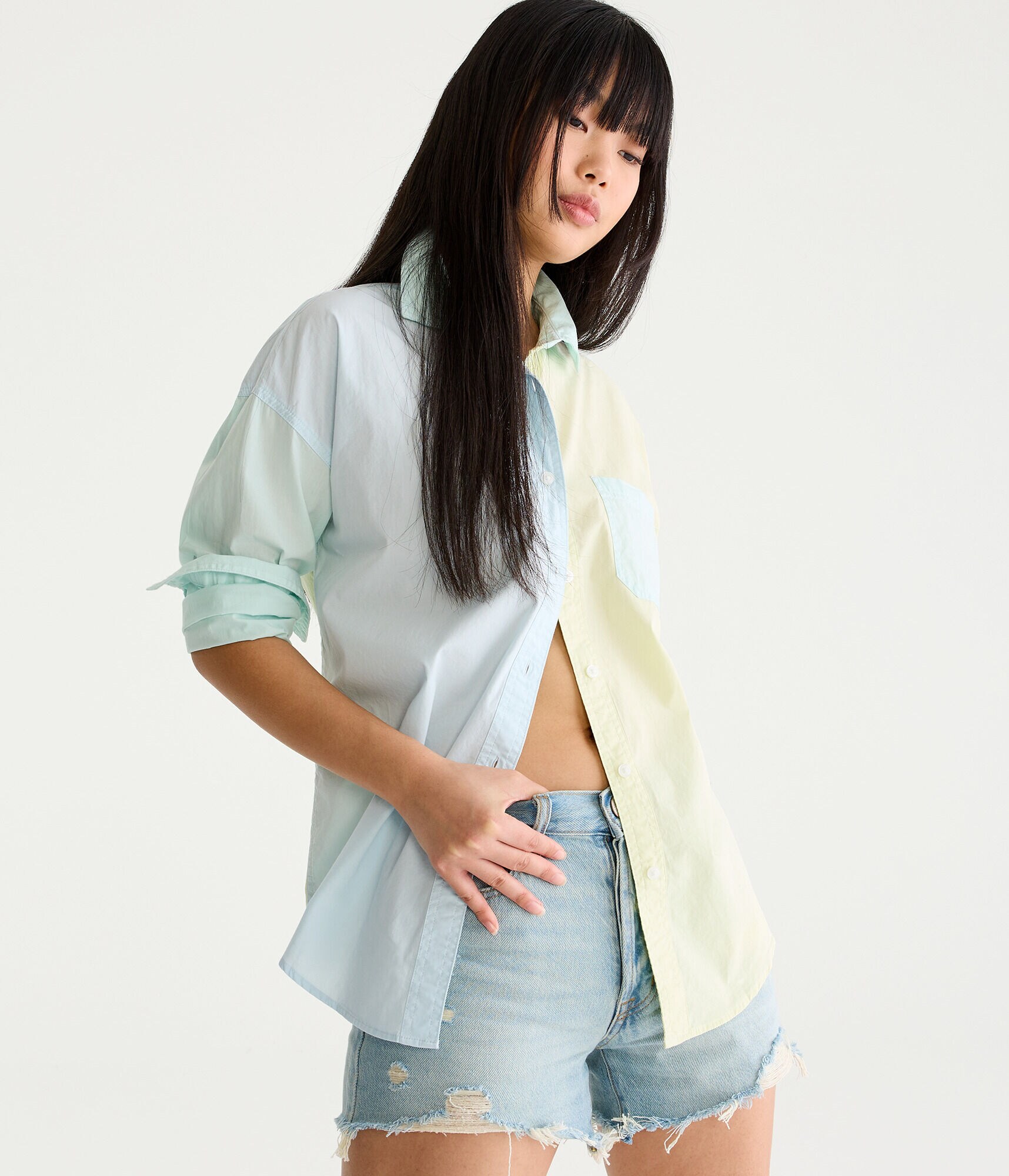 Long Sleeve Colorblocked Oversized Button-Down Shirt