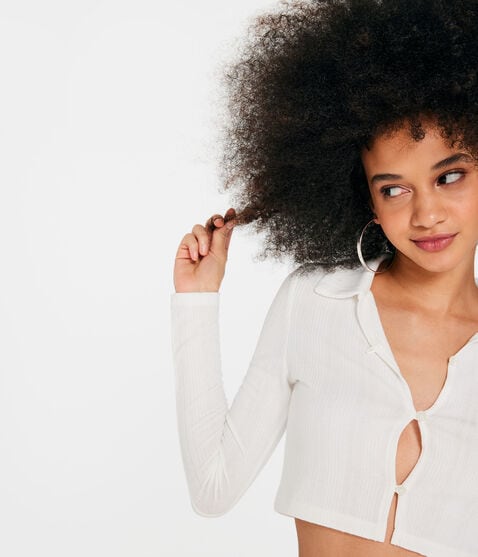 Long Sleeve Collared Crop Top Long Sleeve Collared Crop Top