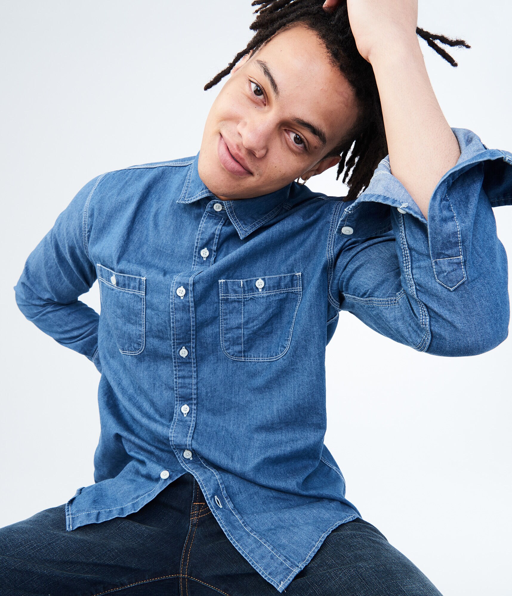 Long Sleeve Dark Wash Workwear Woven Shirt***