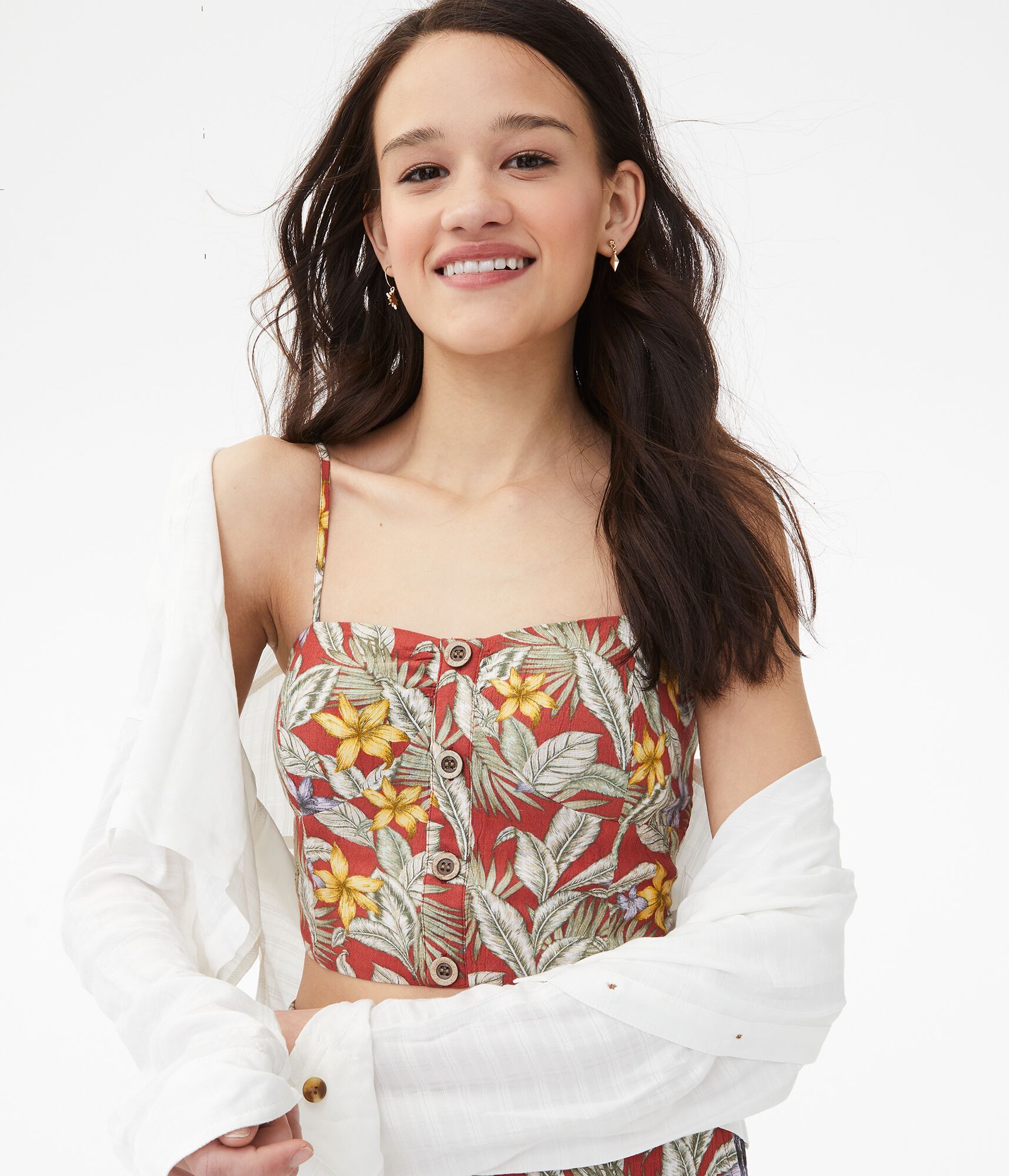 Tropical Button-Front Crop Top