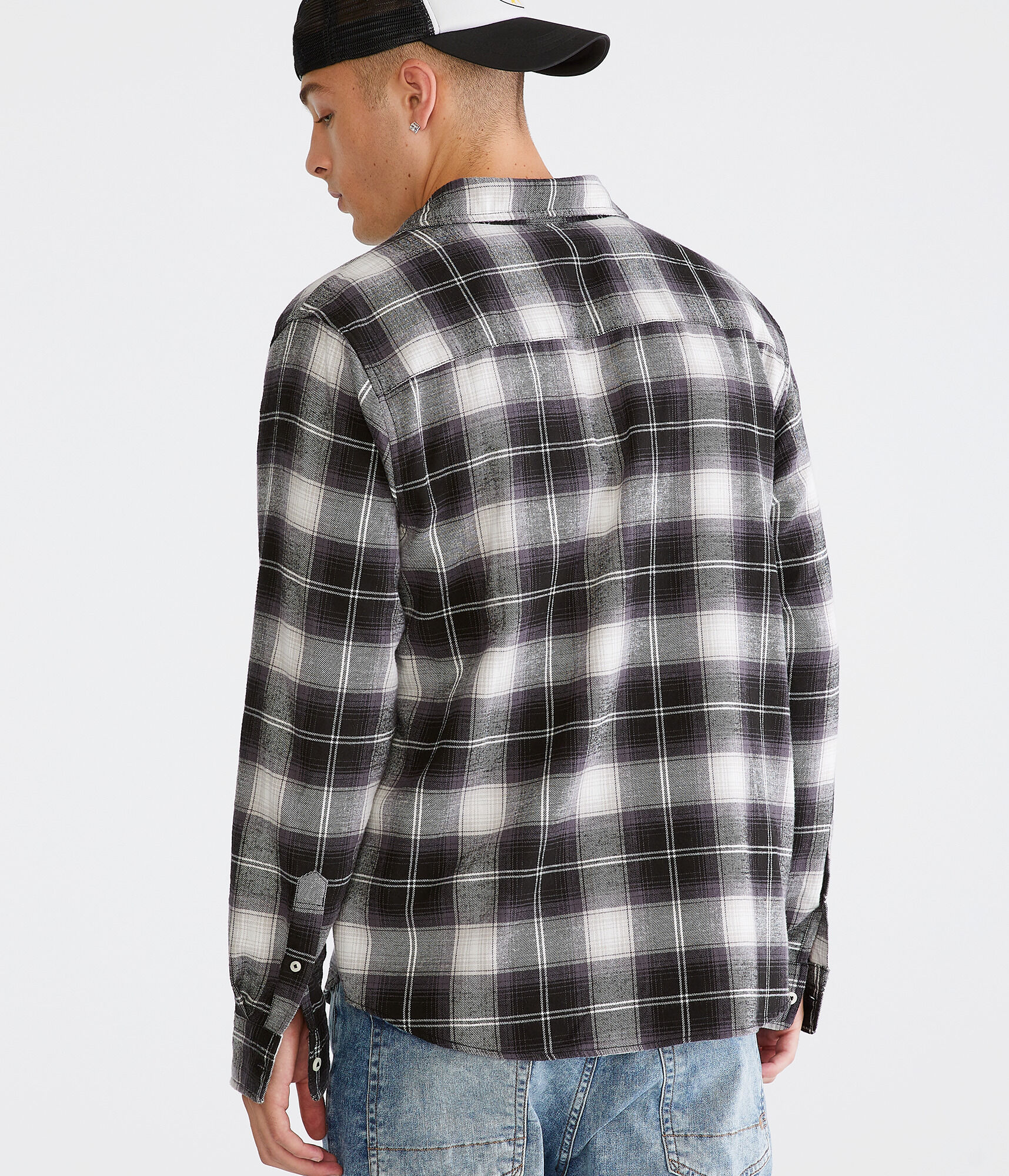 Long Sleeve Relaxed Washed Plaid Flannel Shirt