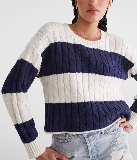 Striped Cable Cropped Crew Sweater Striped Cable Cropped Crew Sweater