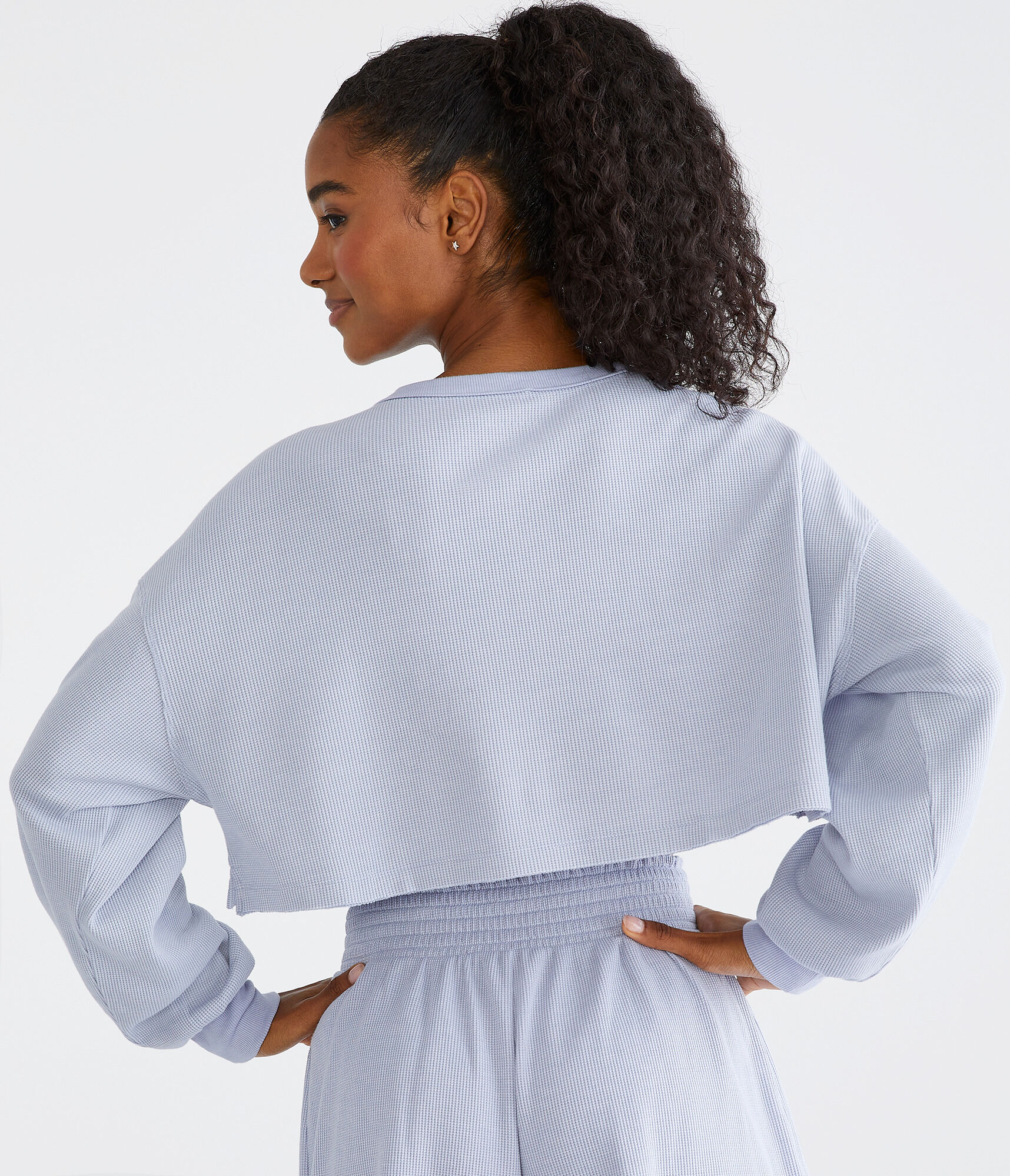 Long Sleeve Waffle-Knit Cropped Sleep Henley