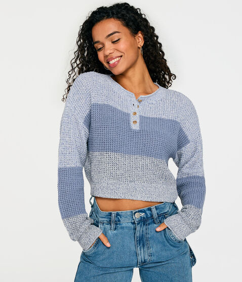 Striped Cropped Henley Sweater
