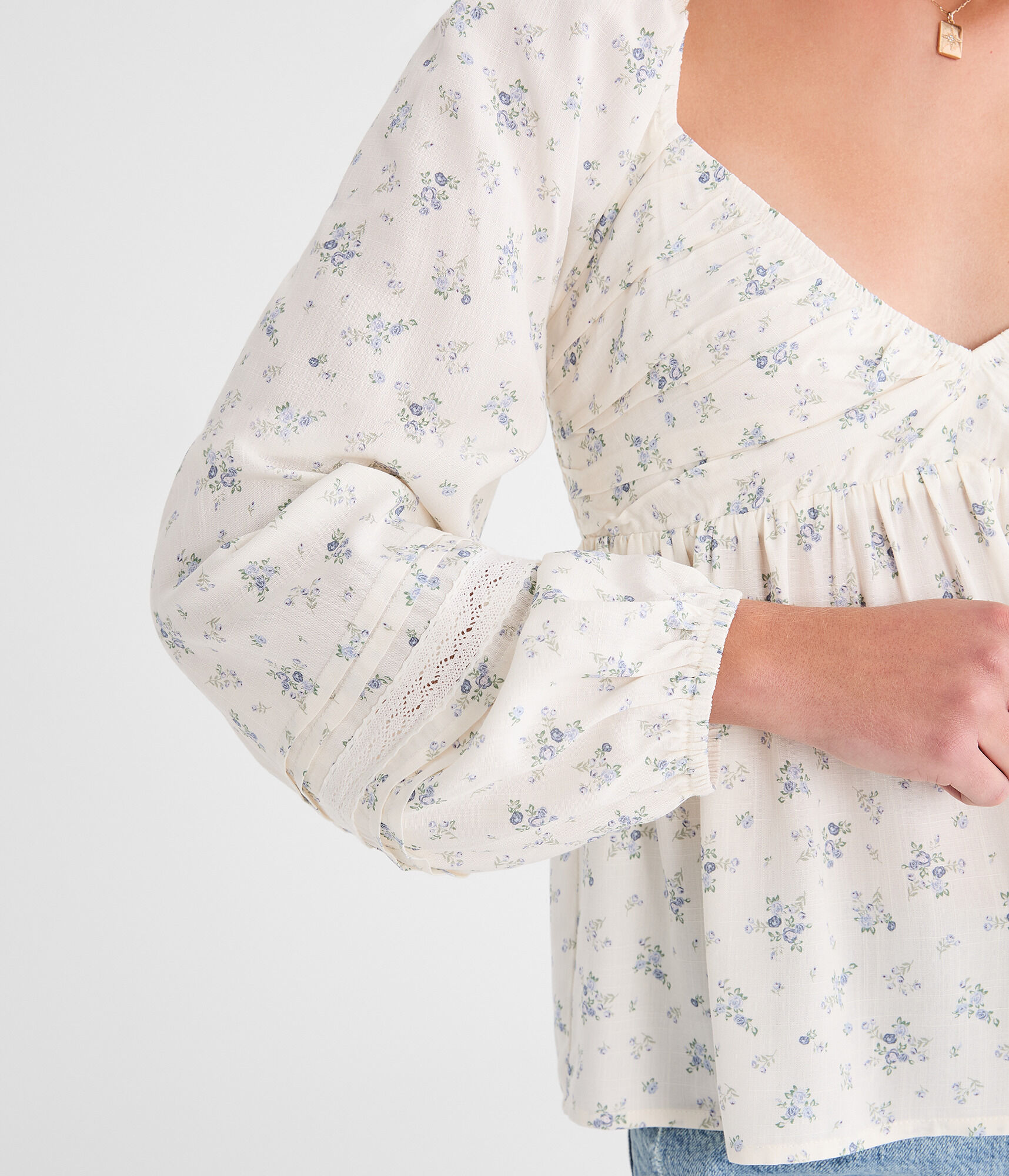 Long Sleeve Floral Lace & Pleats V-Neck Peasant Top