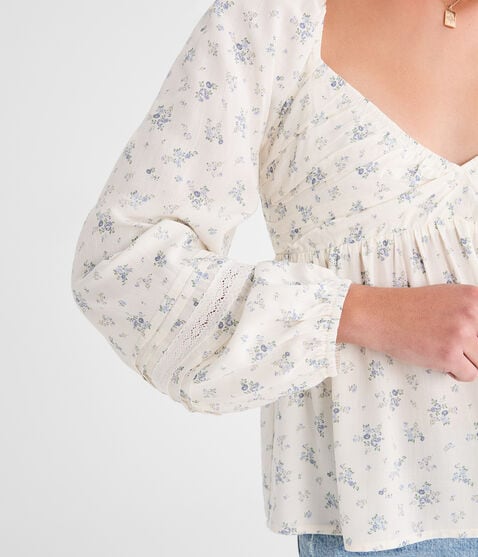 Long Sleeve Floral Lace & Pleats V-Neck Peasant Top Long Sleeve Floral Lace & Pleats V-Neck Peasant Top