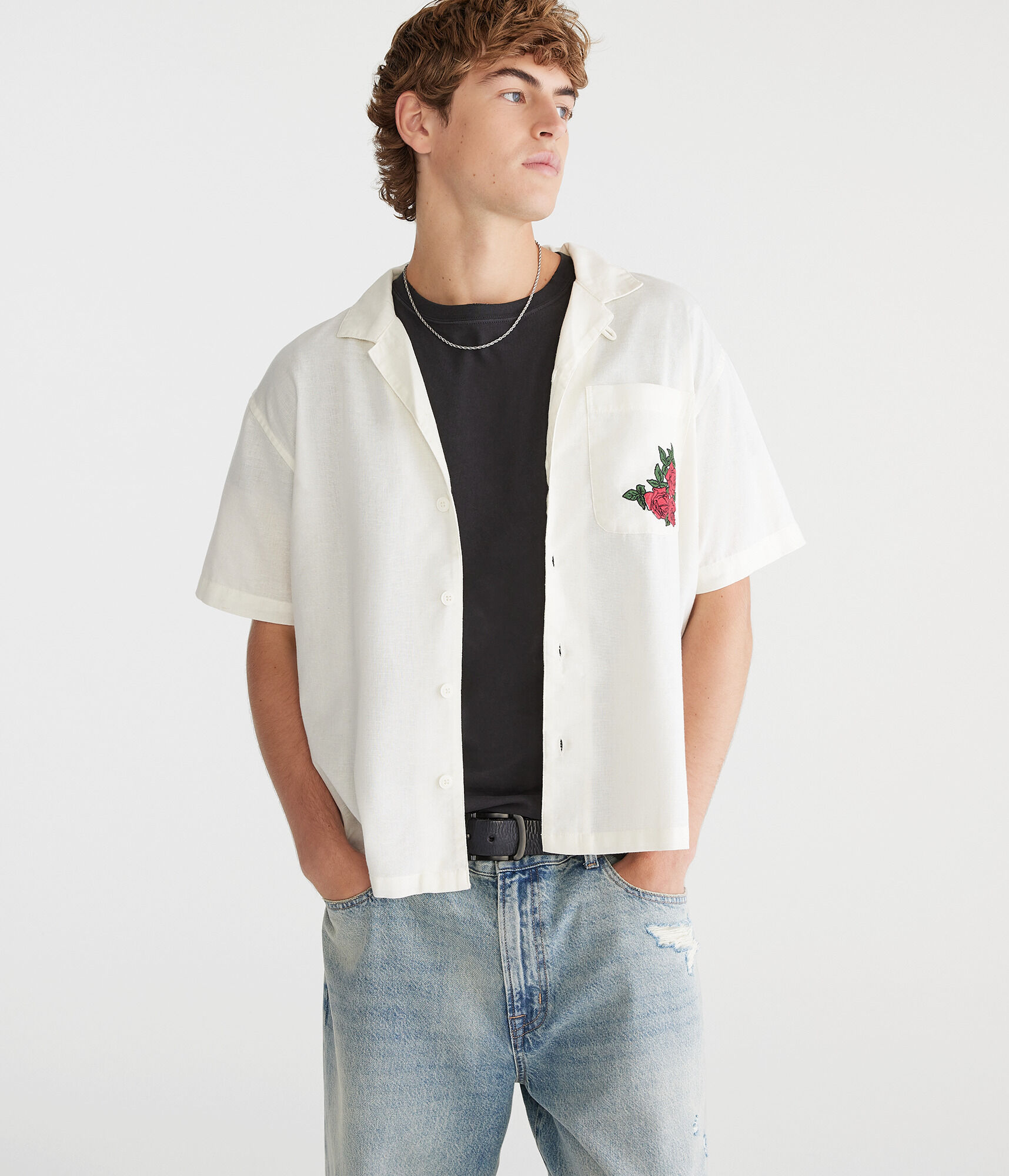 Short Sleeve Roses Auto Supply Boxy Linen Camp Shirt