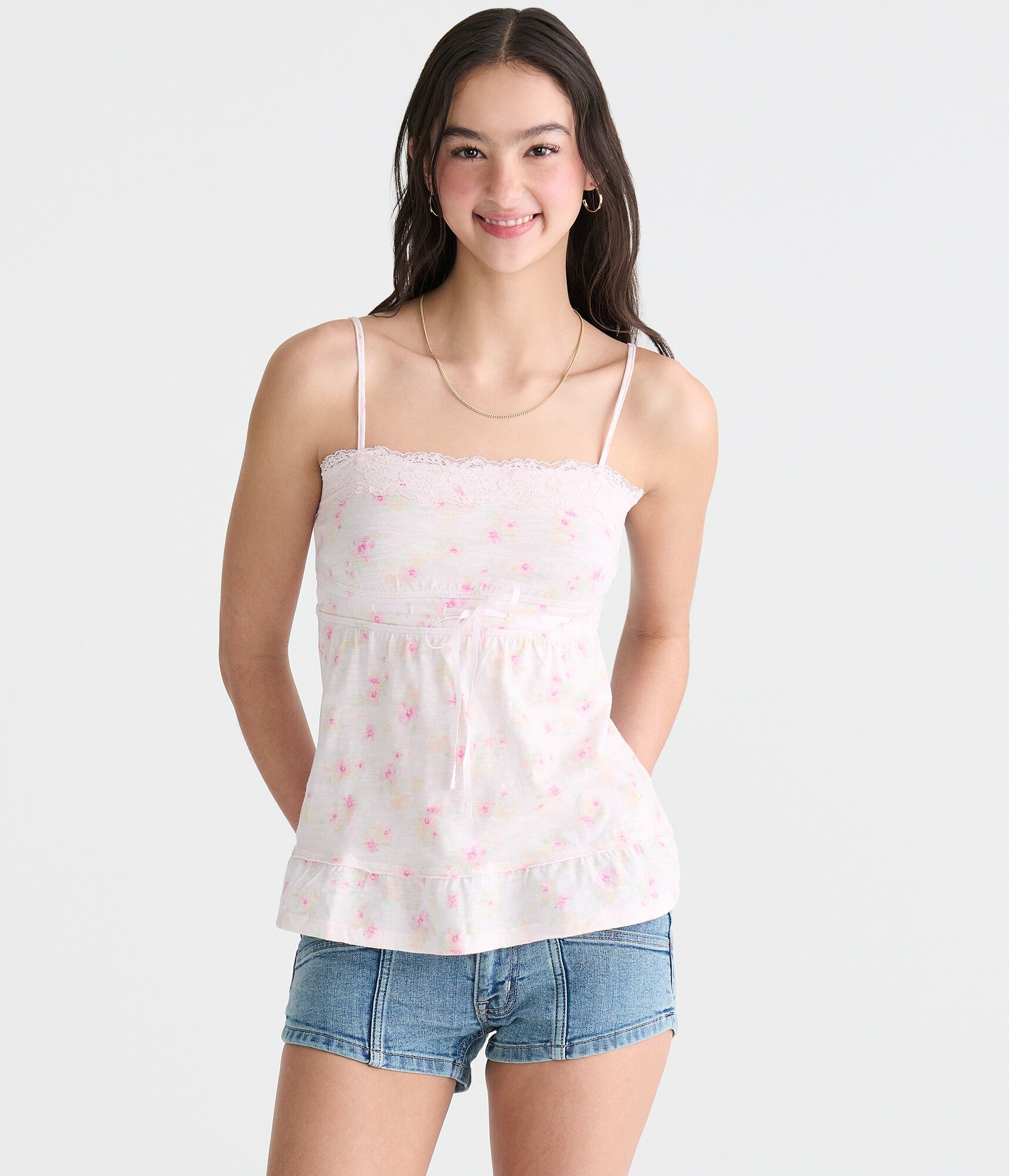 Floral Lace-Trim Babydoll Cami
