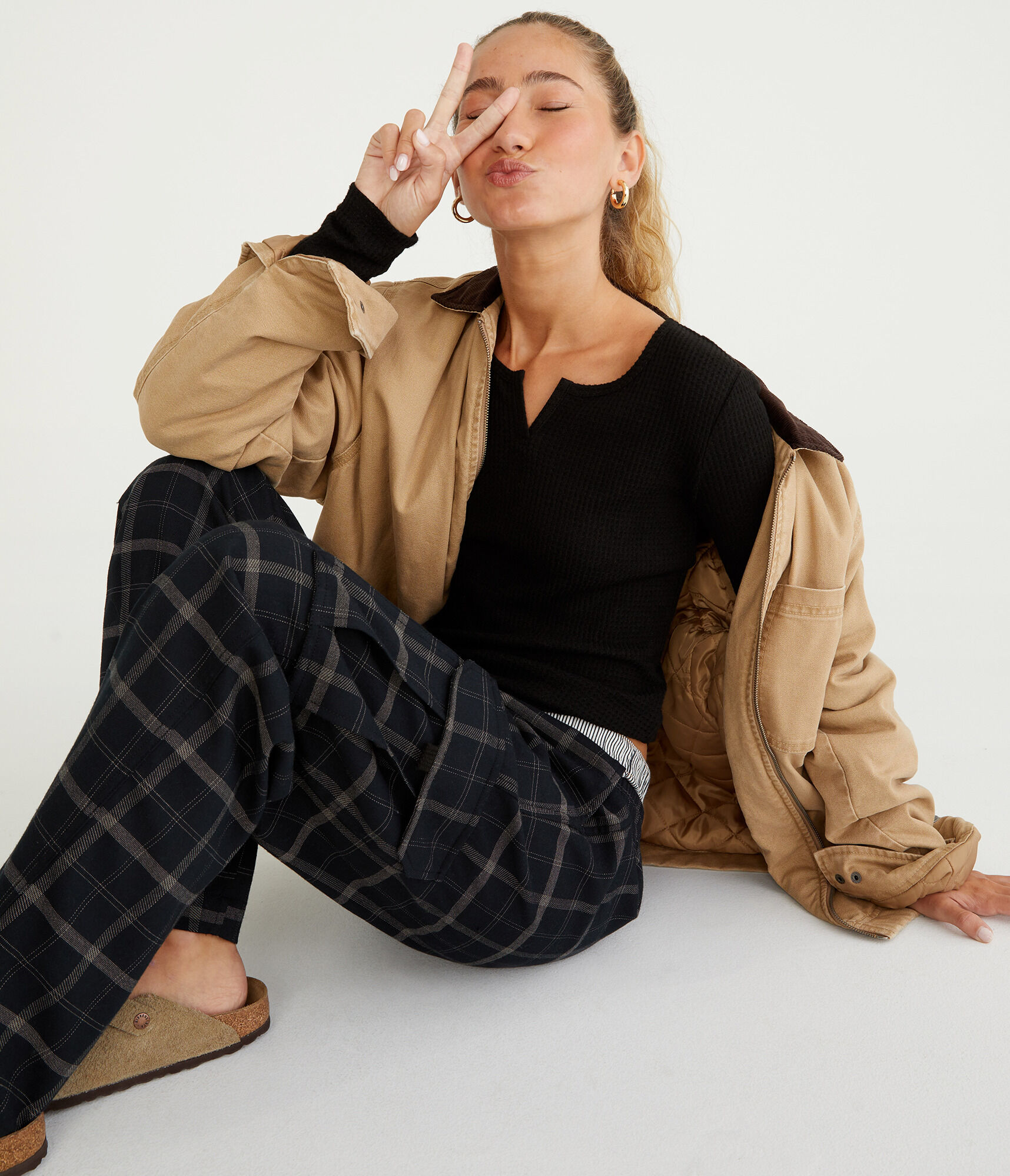 Long Sleeve Waffle Notch-Neck Shrunken Tee