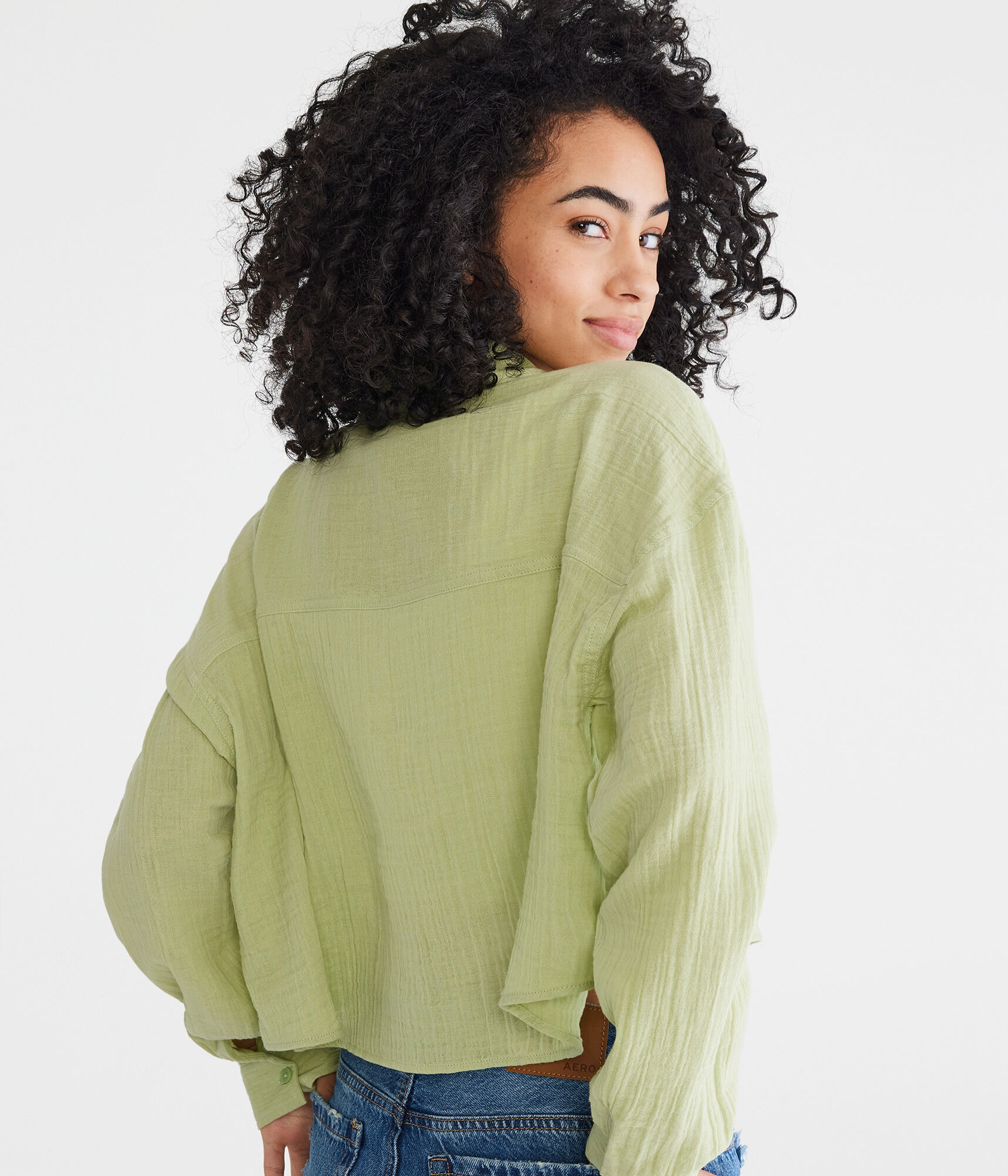 Long Sleeve Gauzy Oversized Cropped Shirt