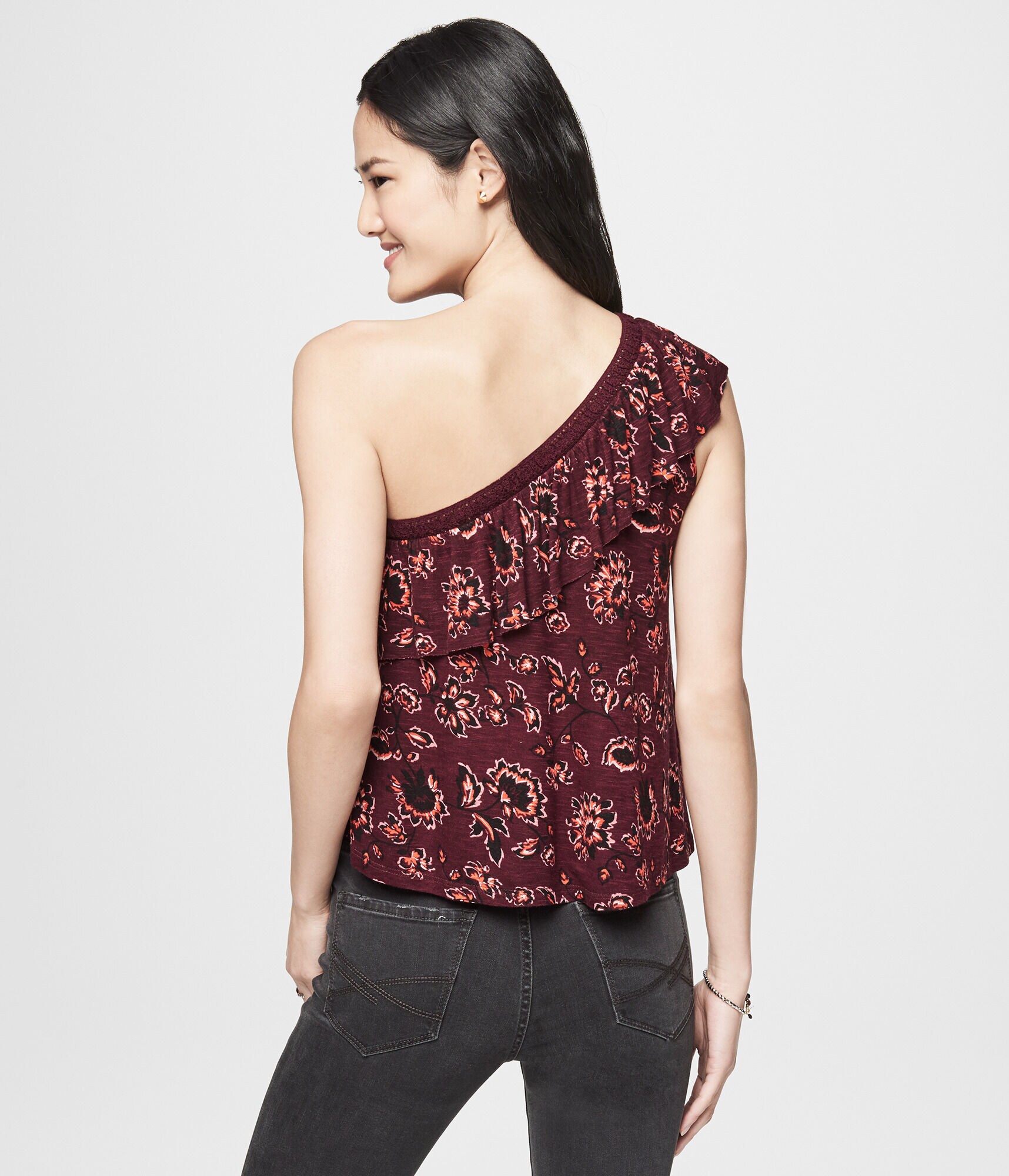 Printed Ruffled One-Shoulder Top