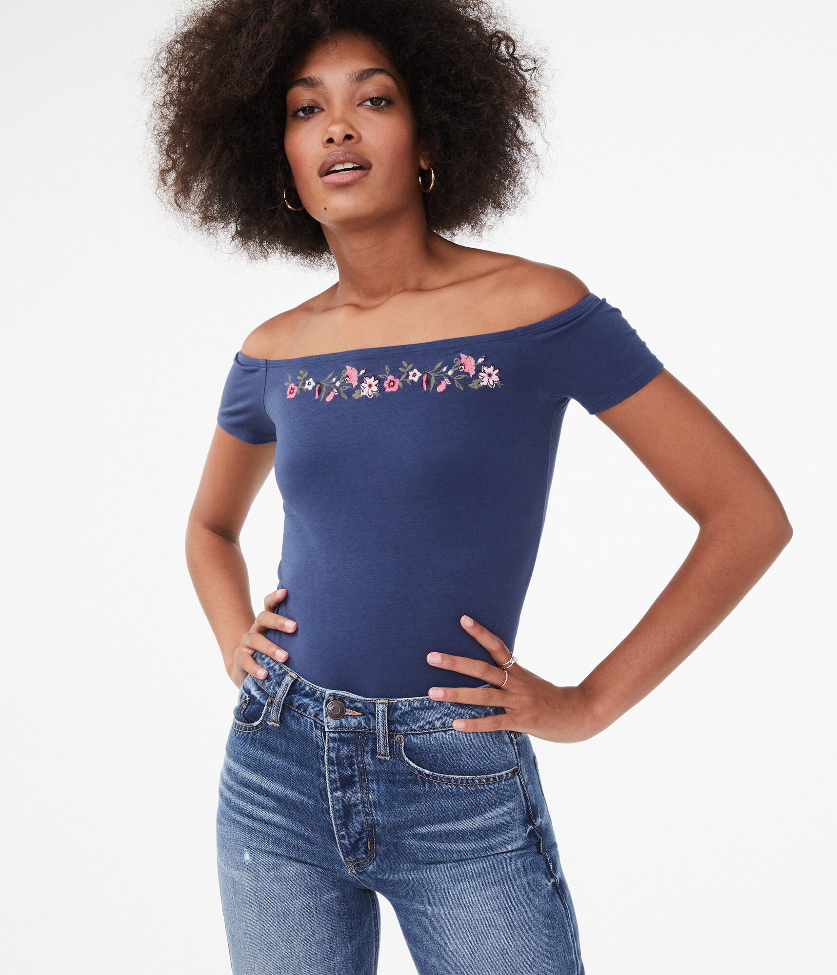 Seriously Soft Embroidered Off-The-Shoulder Bodycon Tee***