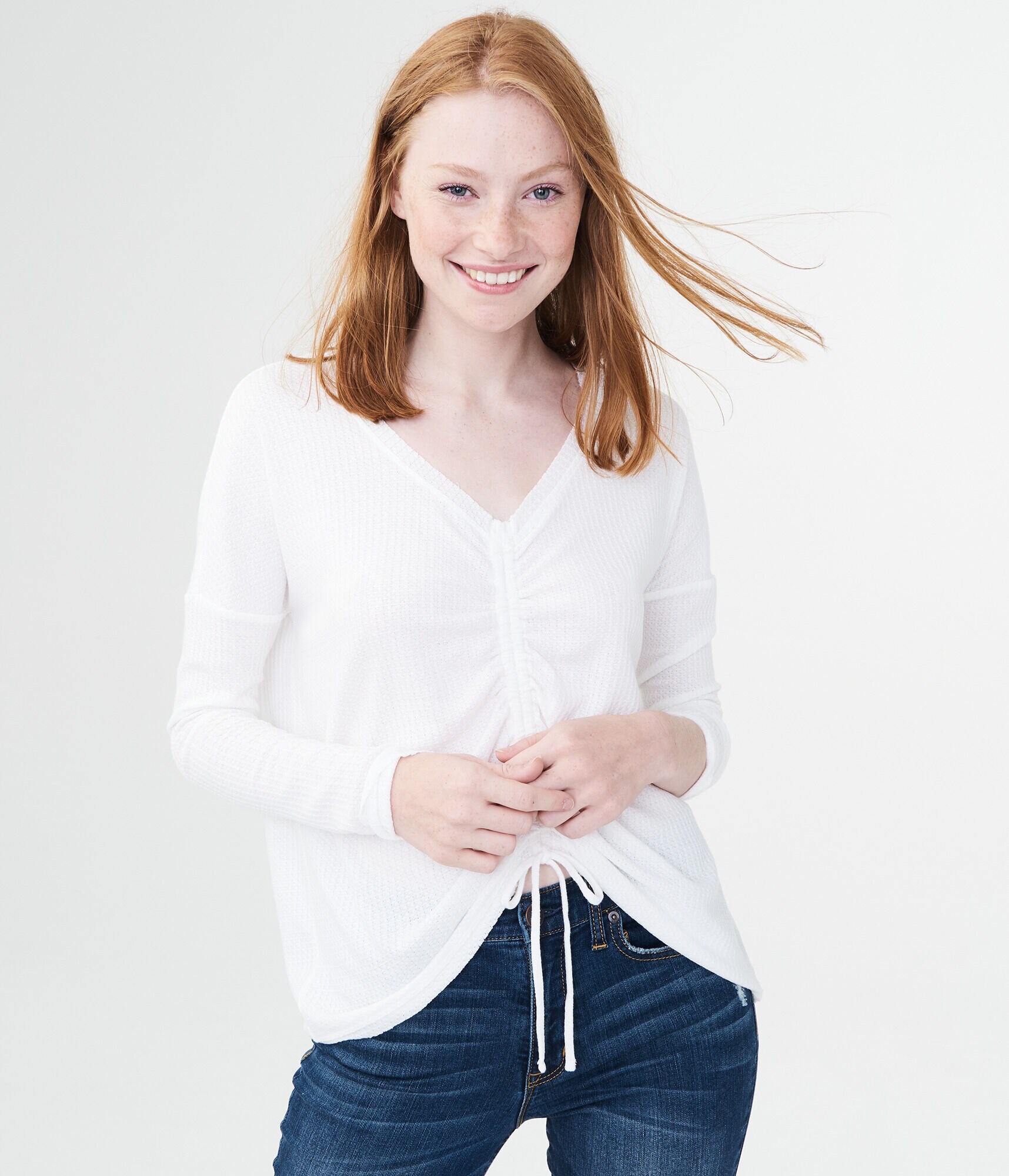 Long Sleeve Ruched Waffle-Knit Top