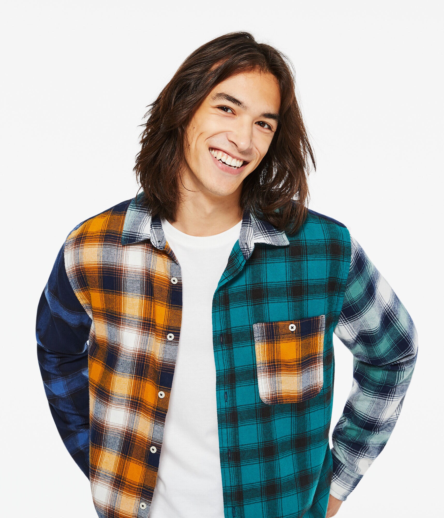 Long Sleeve Split Plaid Flannel Button-Down Shirt