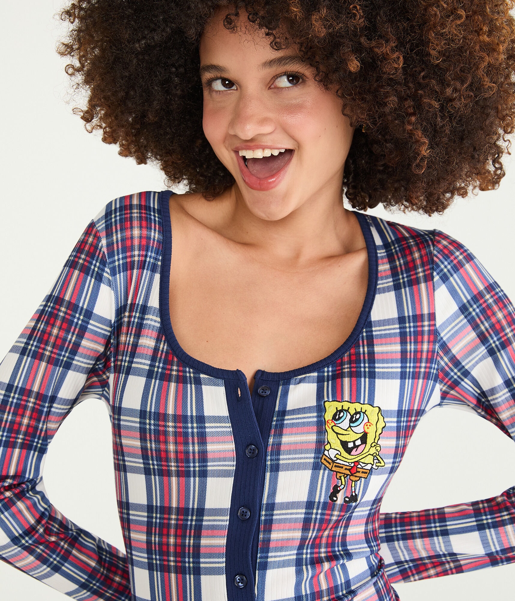 SpongeBob x Aero Long Sleeve Plaid Sleep Romper
