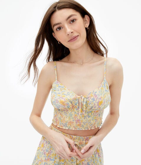 Floral Tie-Front Smocked Cropped Cami