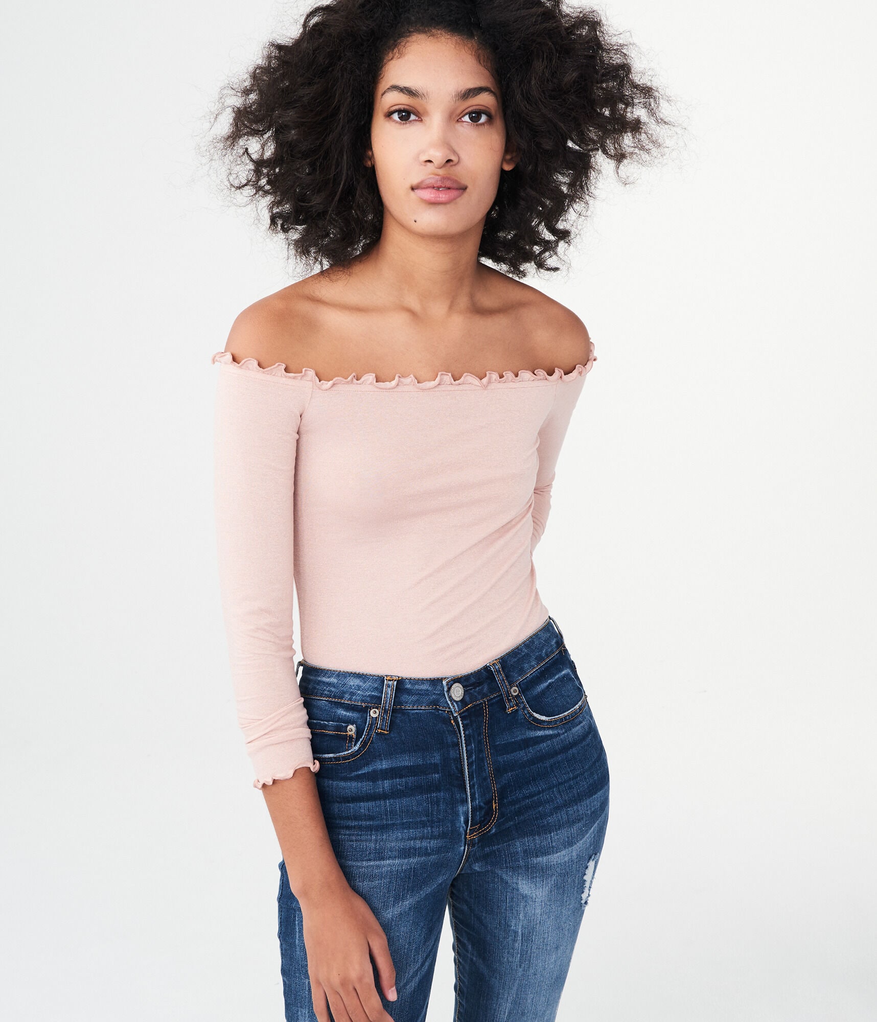 Long Sleeve Sparkle Lettuce-Trim Off-The-Shoulder Top