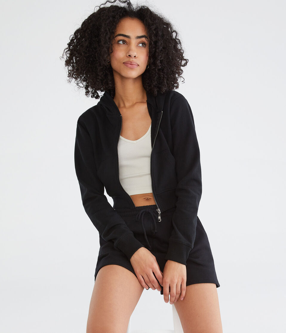 Solid Cropped Full-Zip Hoodie