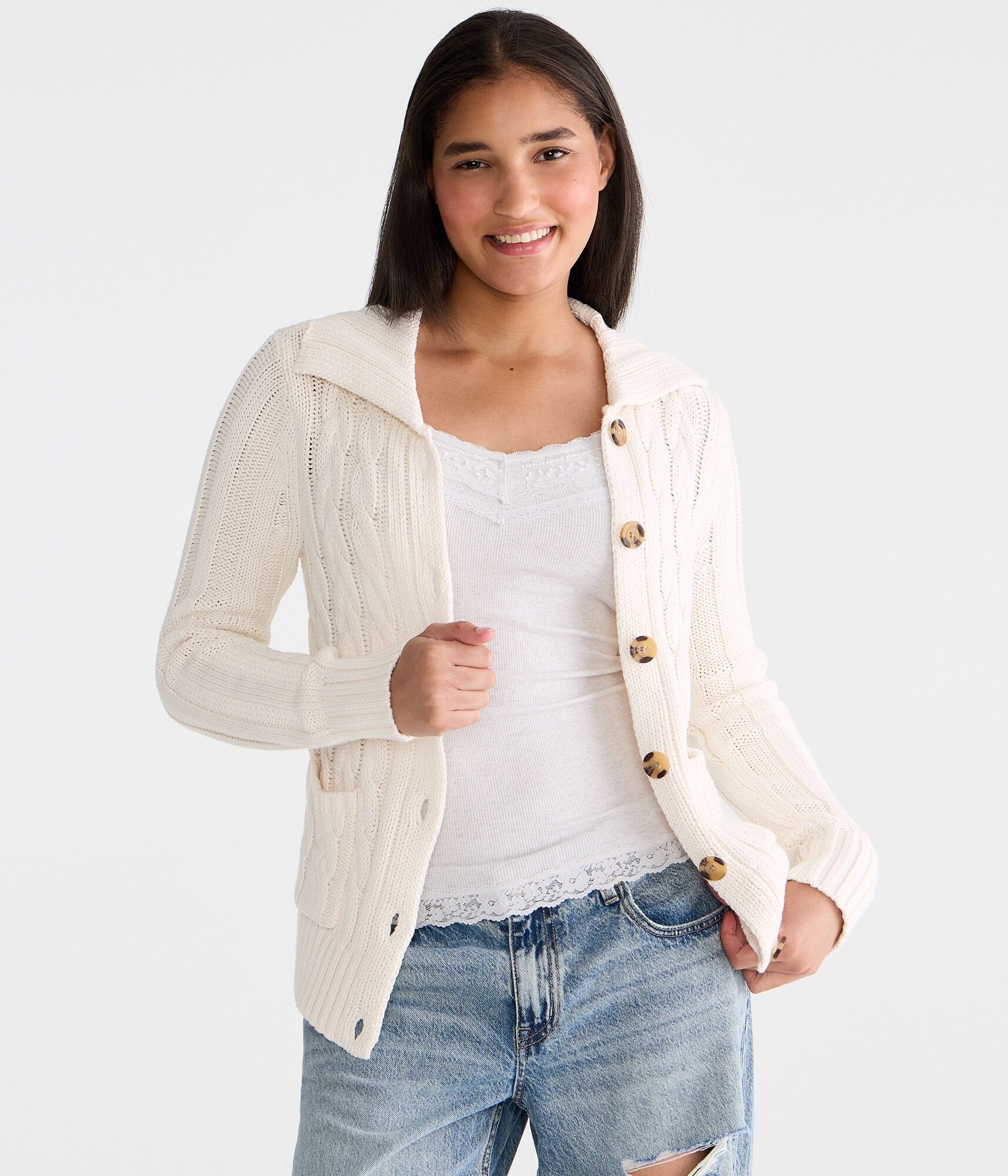 Cable Collar Button-Front Cardigan