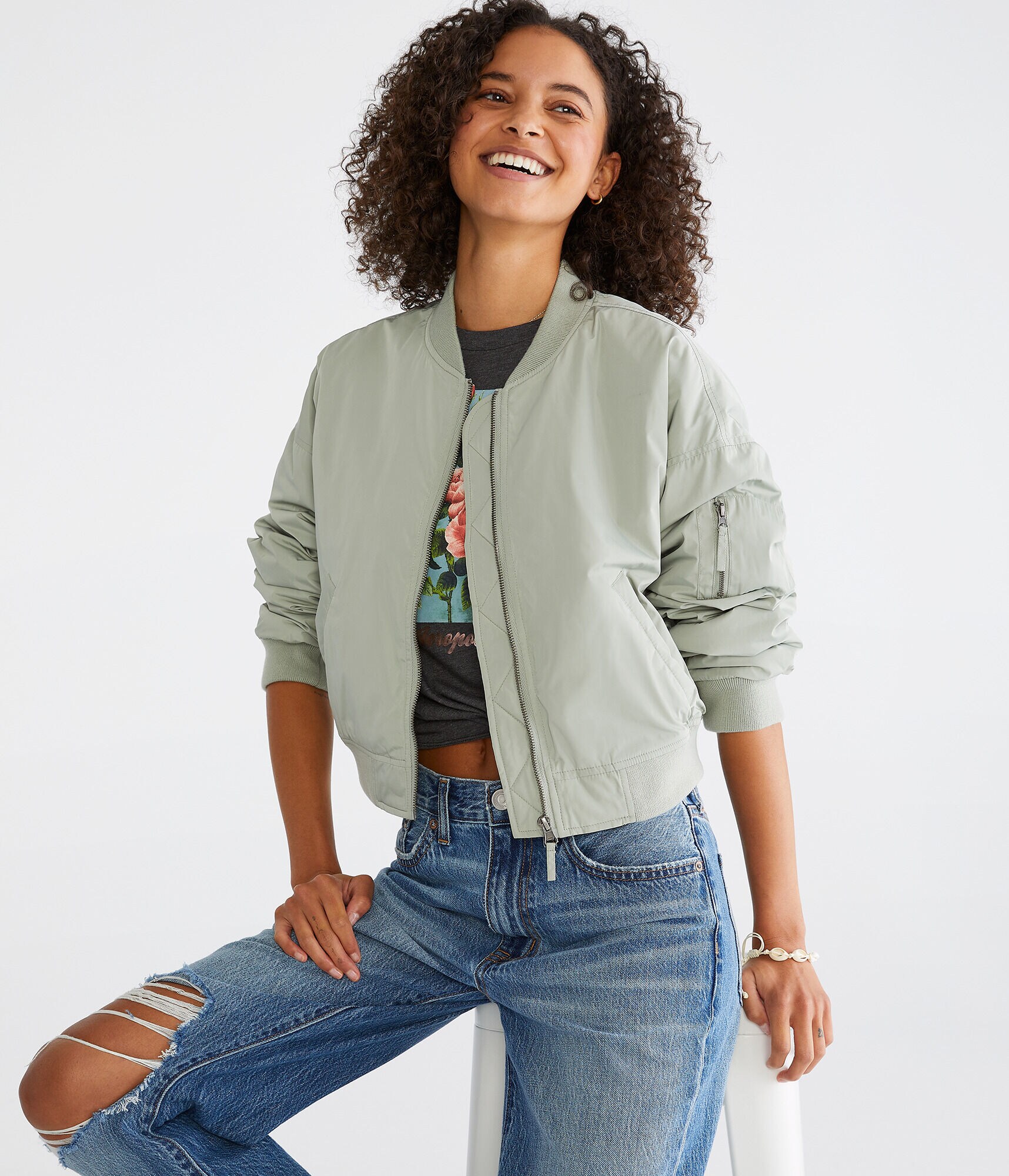 Solid Cropped Bomber Jacket