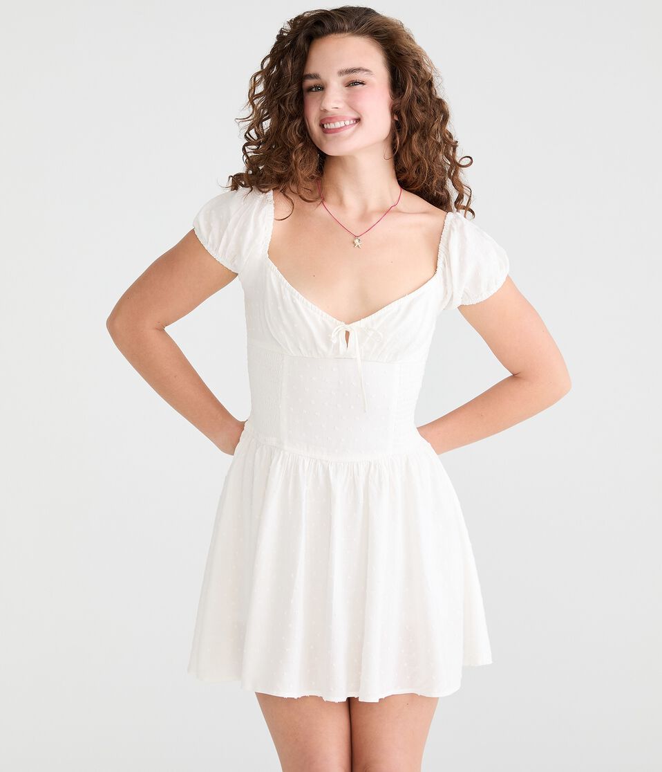 Aeropostale Womens' Swiss Dot V-Neck Drop-Waist Mini Dress - White - Size S - Rayon - Teen Fashion & Clothing Aeropostale Womens' Swiss Dot V-Neck Drop-Waist Mini Dress - White - Size S - Rayon - Teen Fashion & Clothing