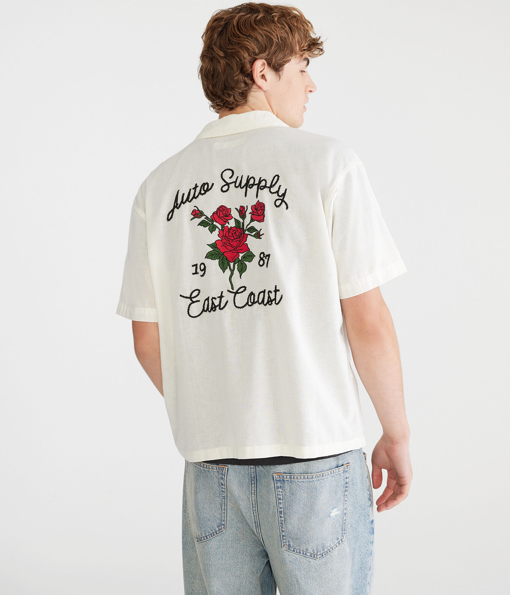 Short Sleeve Roses Auto Supply Boxy Linen Camp Shirt