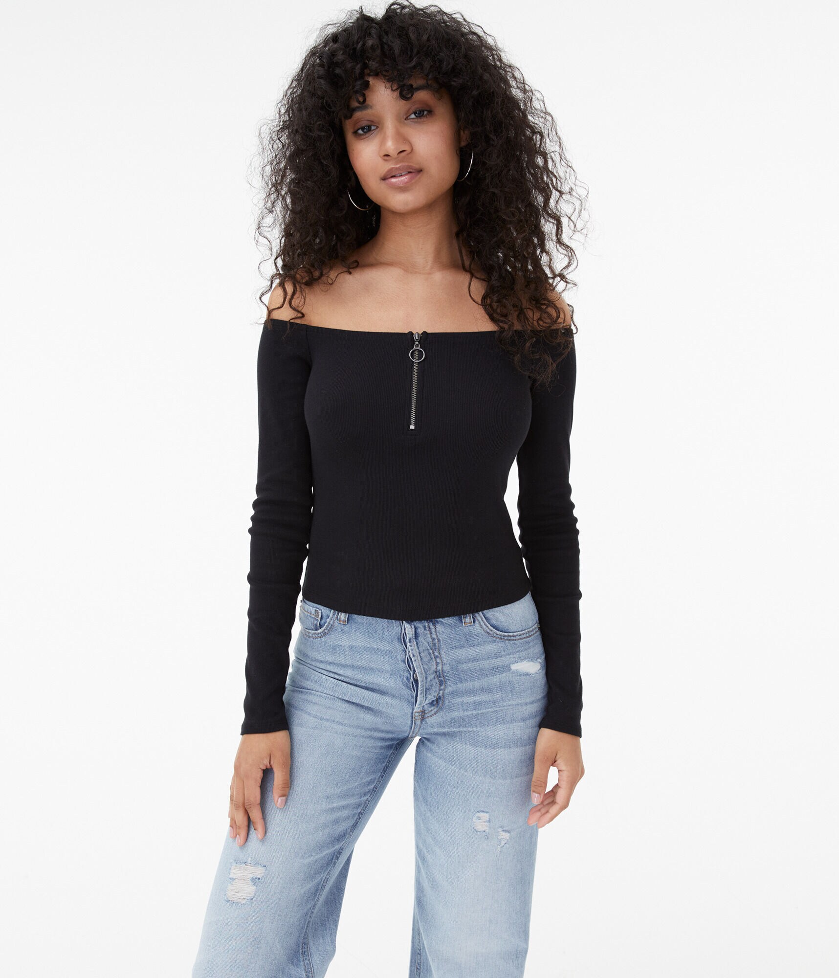 Long Sleeve 1/4-Zip Off-The-Shoulder Bodycon Top***