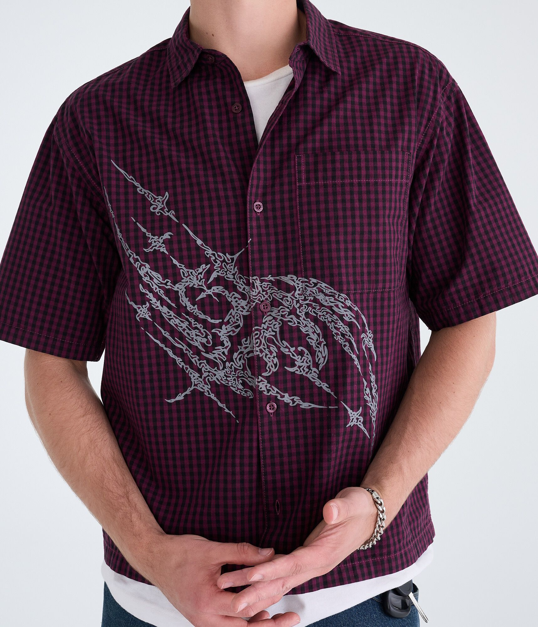 Graphic Microplaid Boxy Shirt