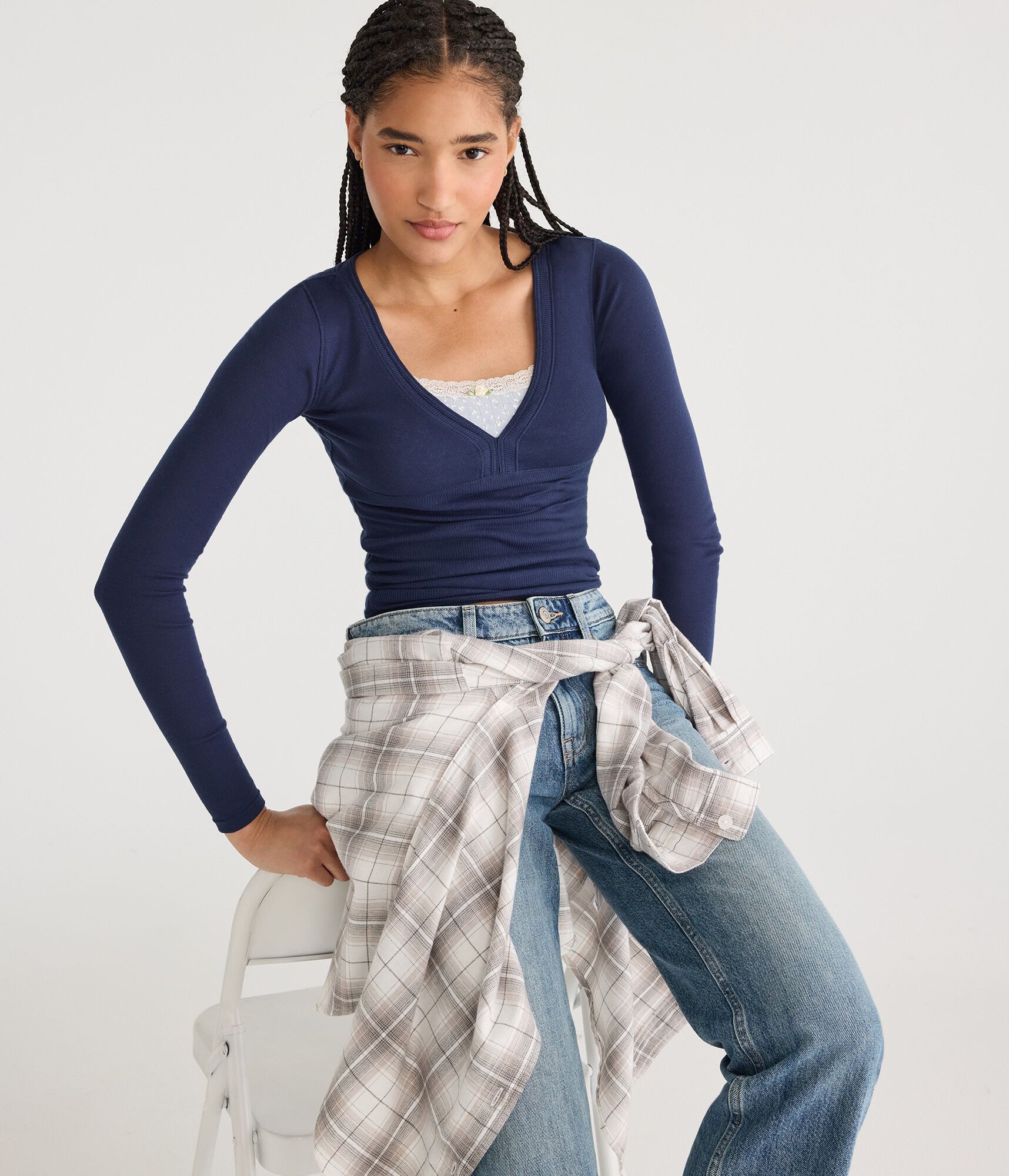 Long Sleeve Ribbed V-Neck Tee