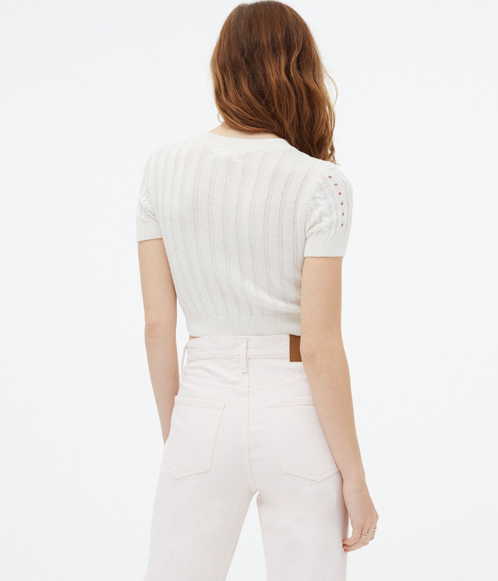 Short Sleeve Cable-Knit Cropped Crew Sweater