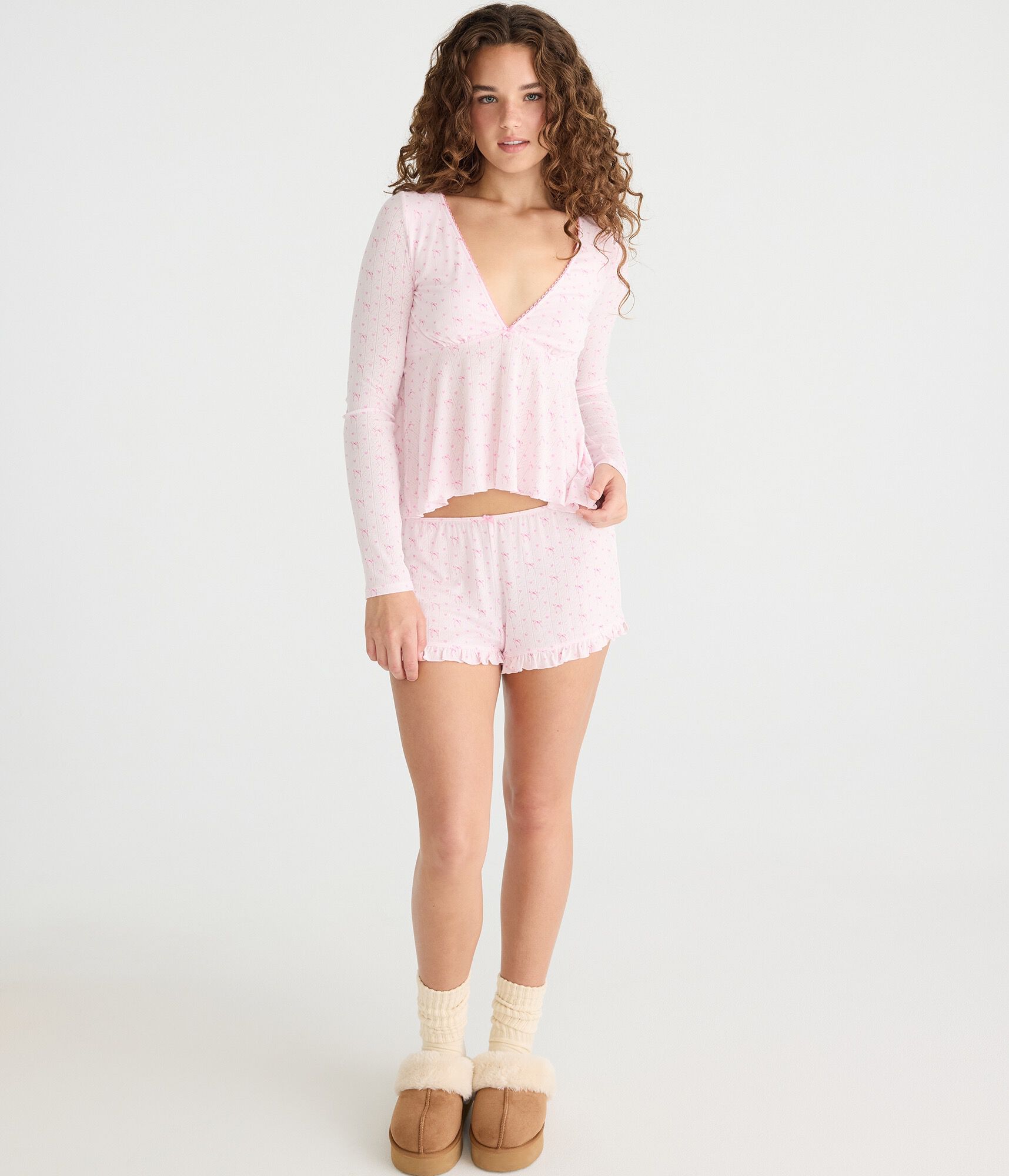 Heart Bow Pointelle Ruffle Sleep Shorts