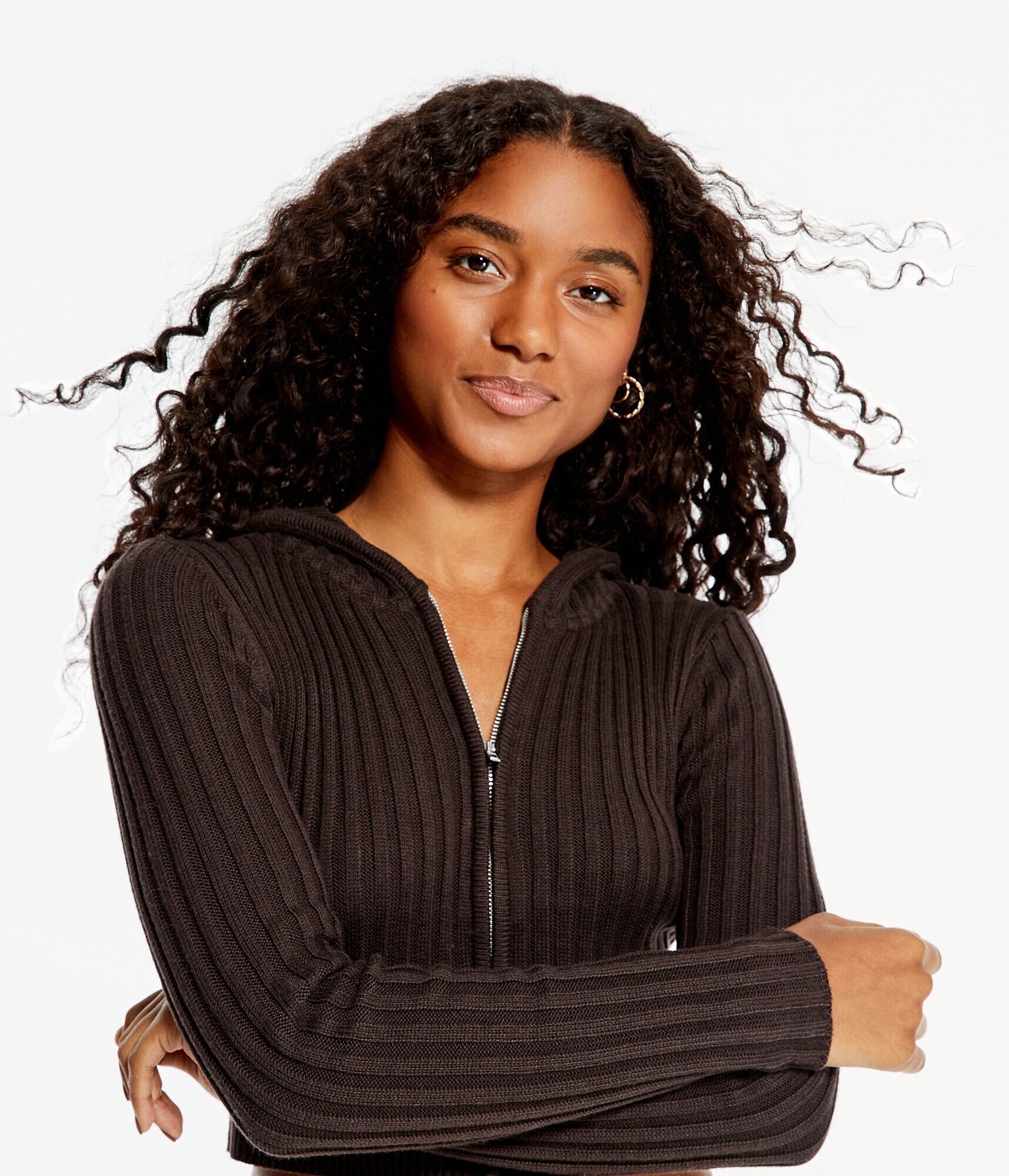 Ribbed Full-Zip Cropped Hooded Sweater