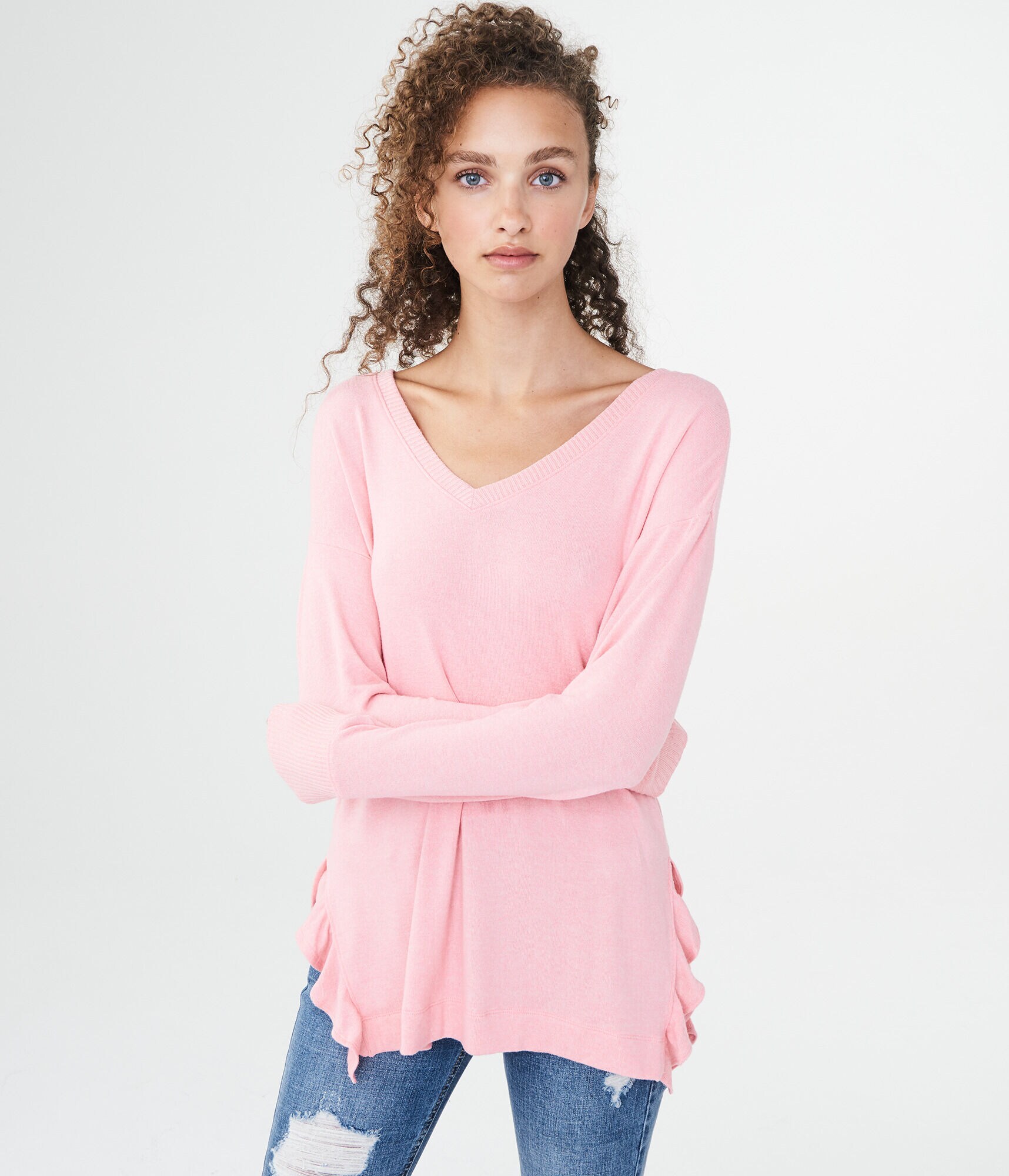 LLD Long Sleeve Side Ruffle V-Neck Top***