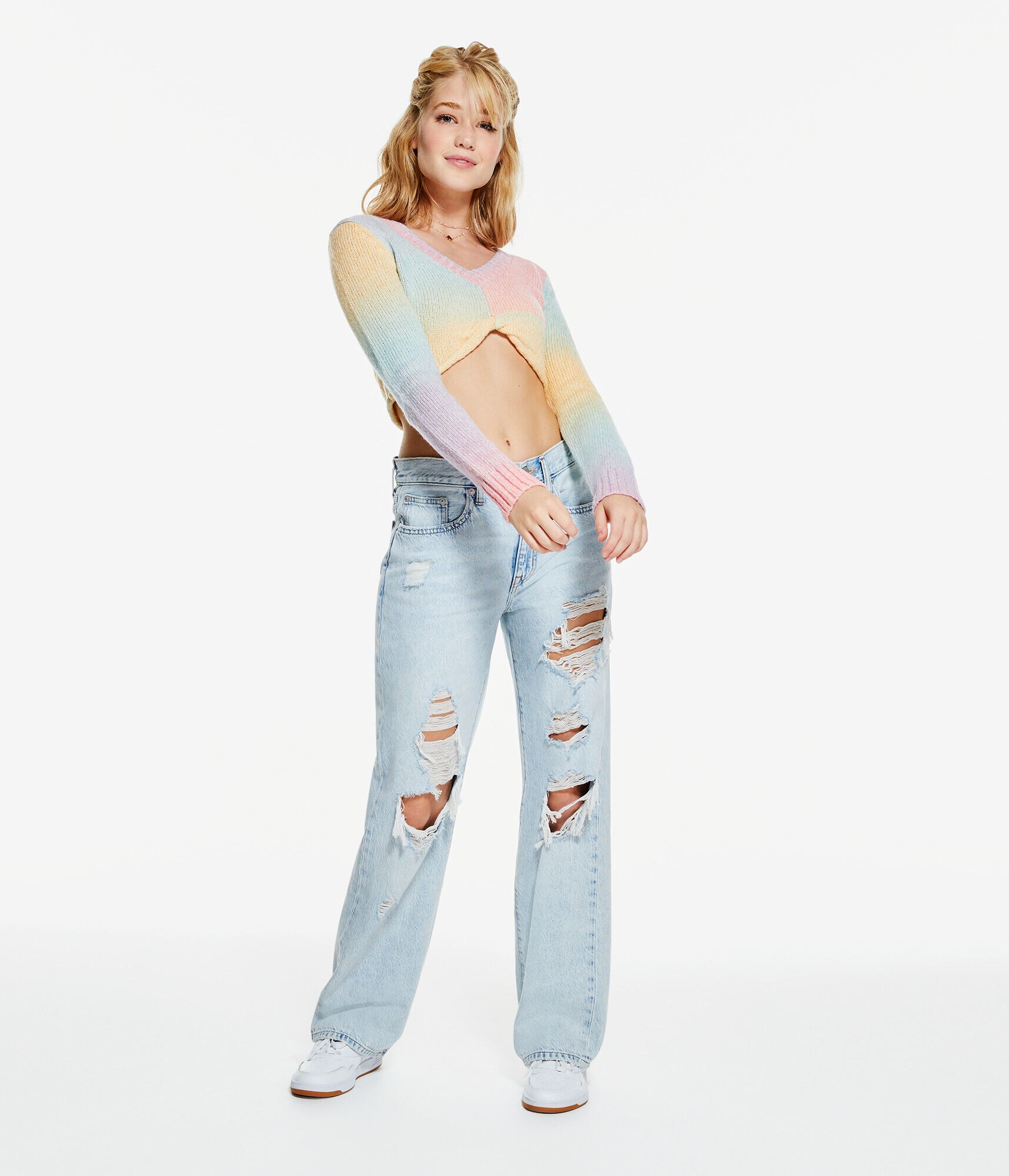 Ombr&eacute; Twist-Front Cropped V-Neck Sweater