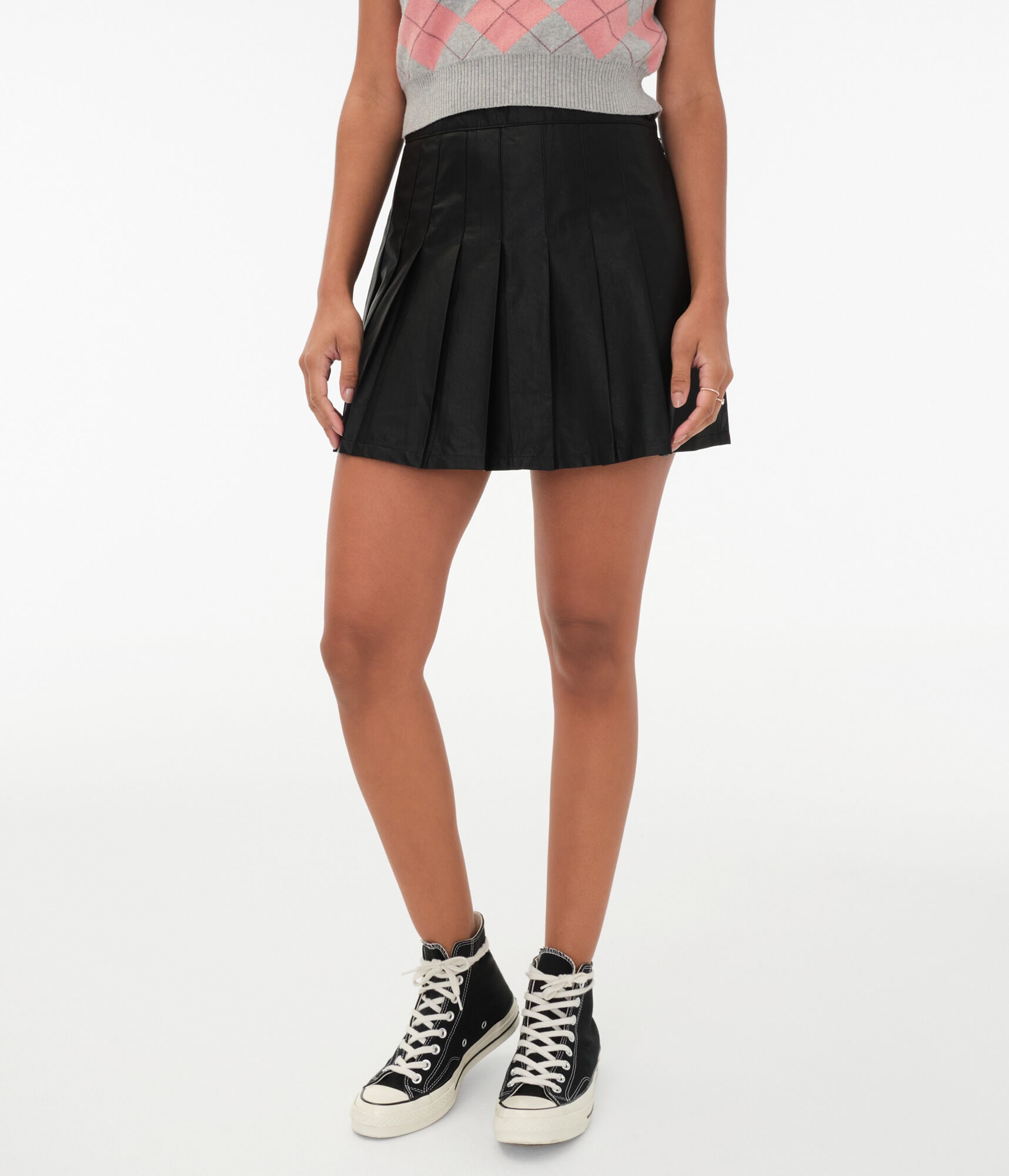 Pleated High-Waisted Faux Leather Skirt