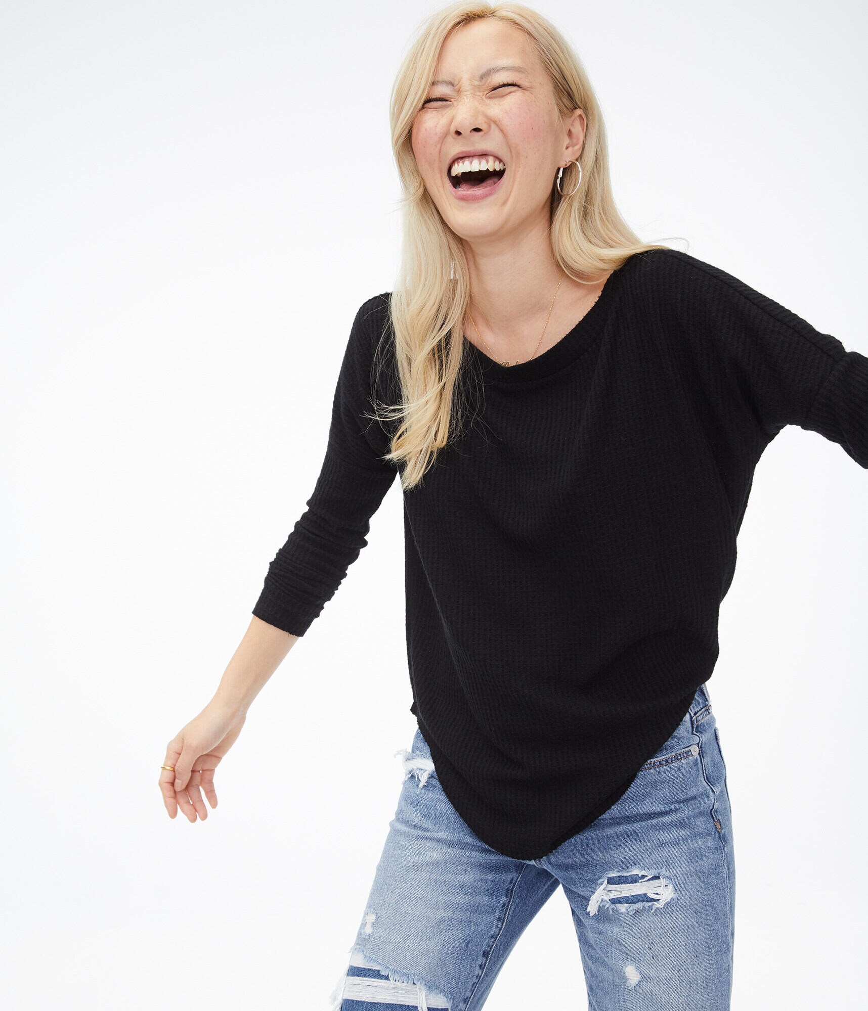 Long Sleeve Waffle-Knit Boat-Neck Top