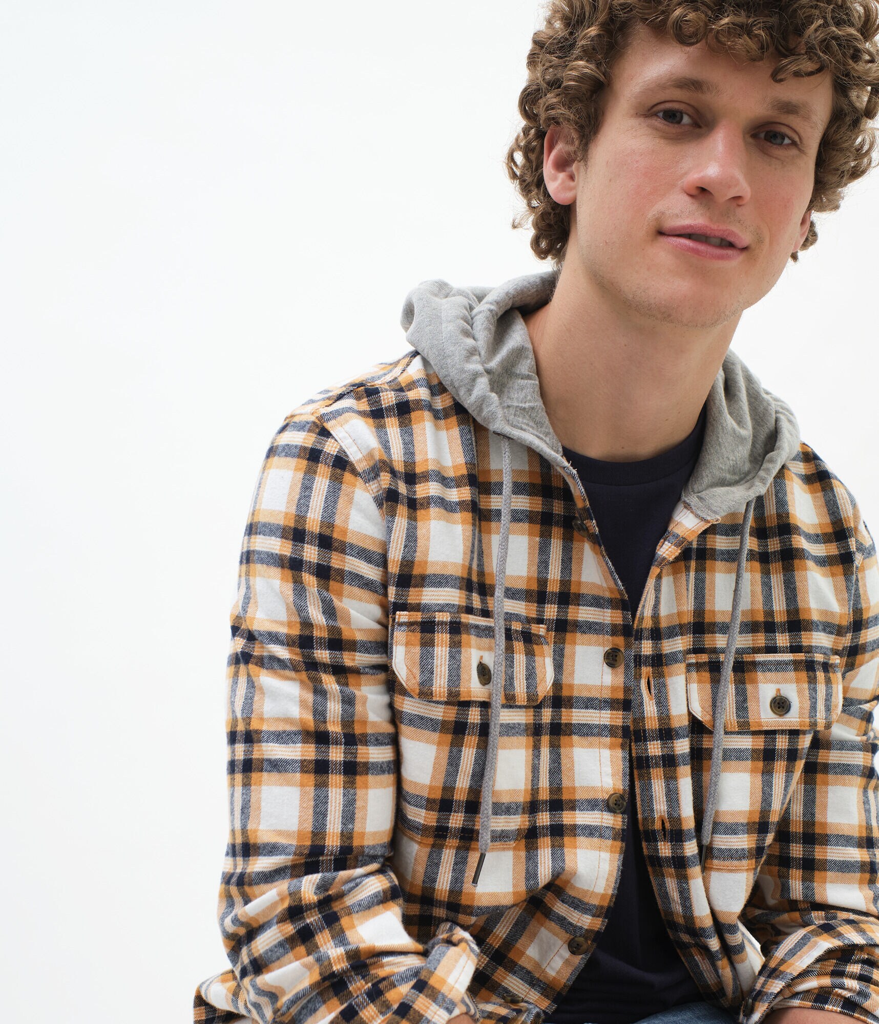 Long Sleeve Plaid Hooded Button-Down Shirt